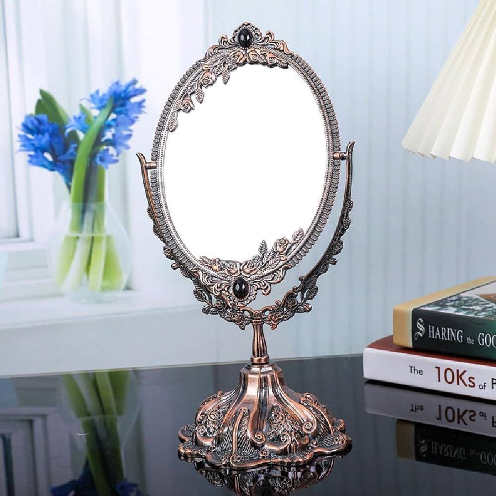 Stamp n Camp - Guppy Metal Vintage Makeup Mirror, Tabletop Oval Cosmetic Swivel Double Sided Mirror with Embossed Frame Stand Base - default