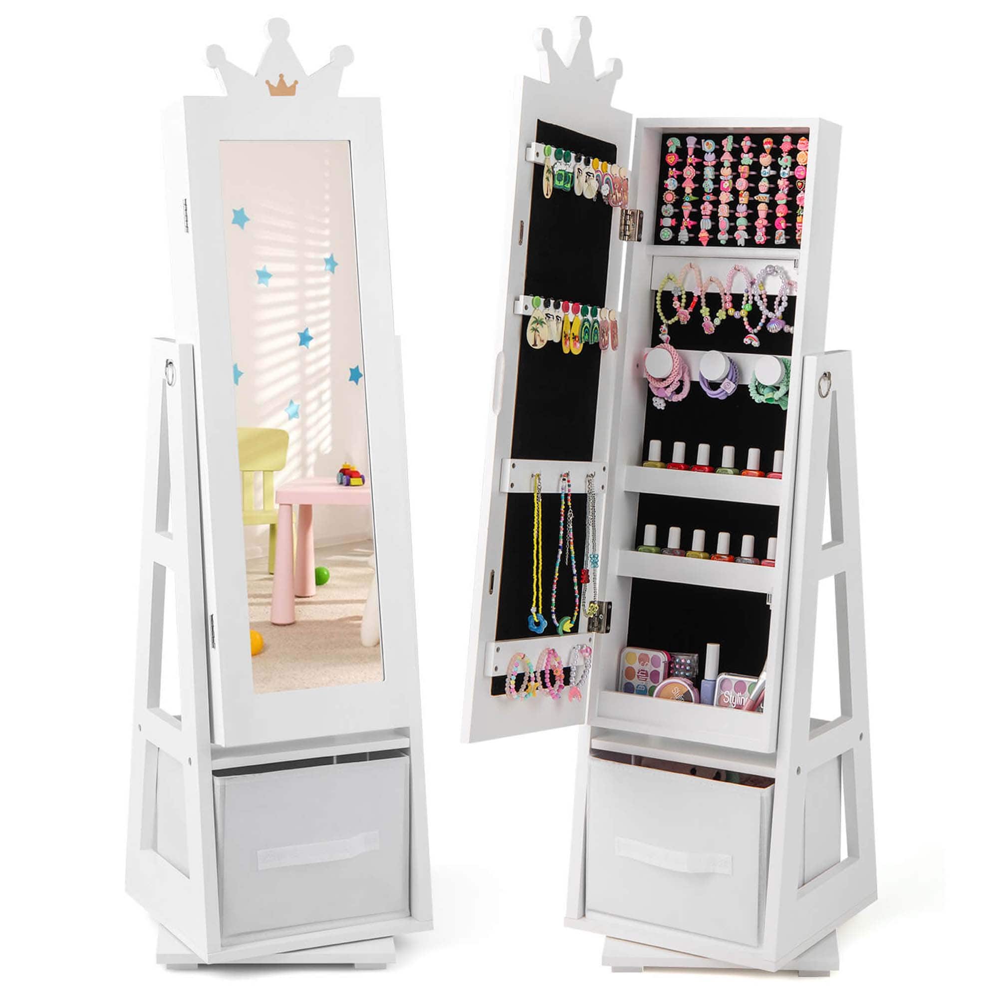 Costway - Kids Jewelry Cabinet with Full-Length Mirror Foldable Drawer Anti-toppling System - White