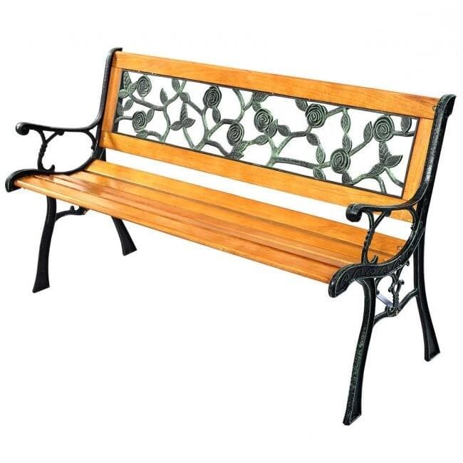 Hivvago - Flowers Outdoor Patio Park Cast Iron Garden Porch Chair Bench - Natural