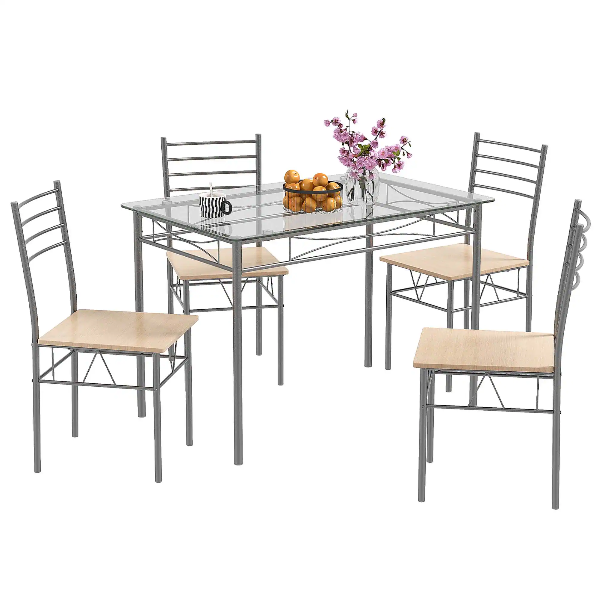 Costway - 5 Piece Dining Set Table and 4 Chairs Glass Top Kitchen Breakfast Furniture Brown - Brown and Silver