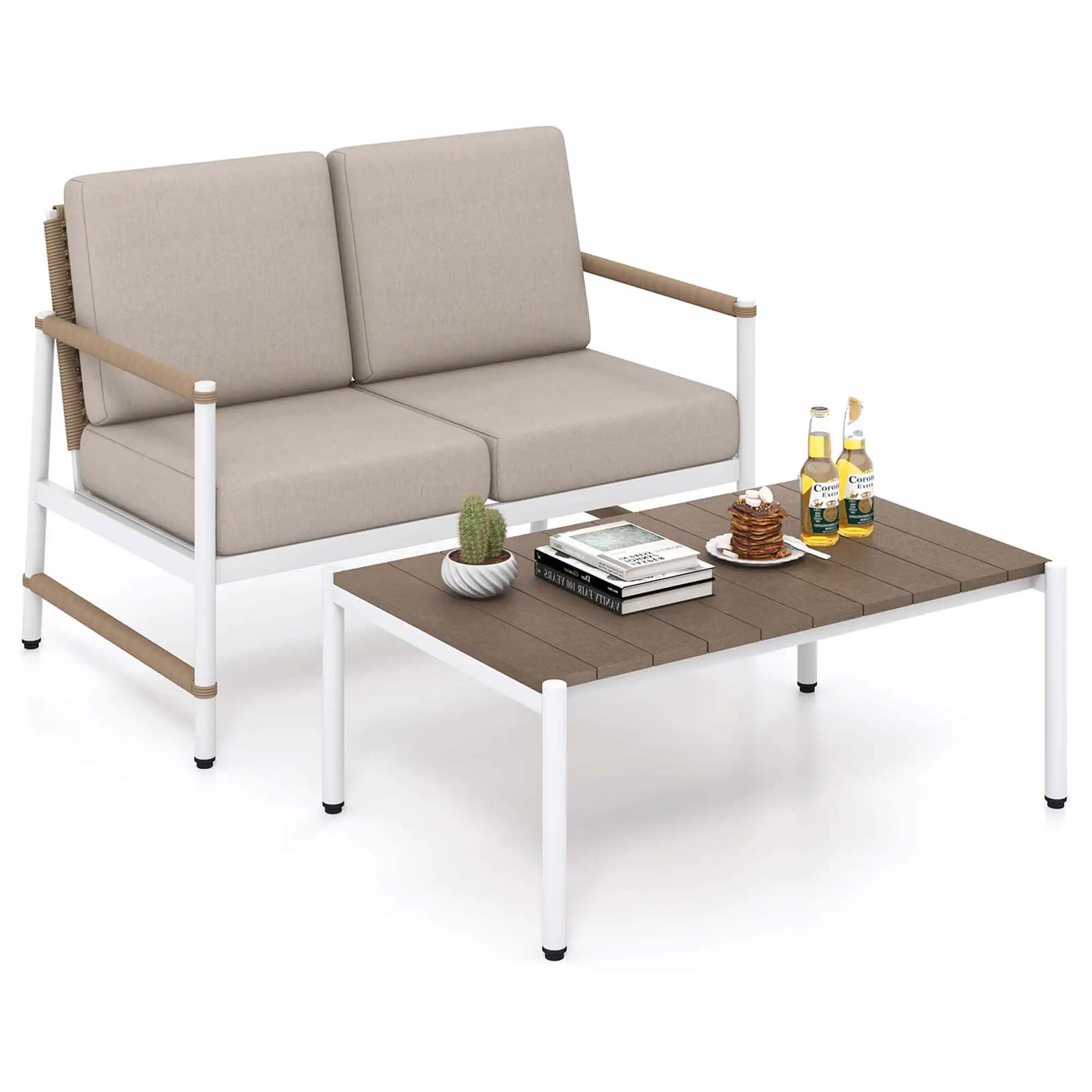 Costway - 2 PCS Patio Furniture Set Loveseat Sofa with Coffee Table Thick Cushions - Gray,White,Brown