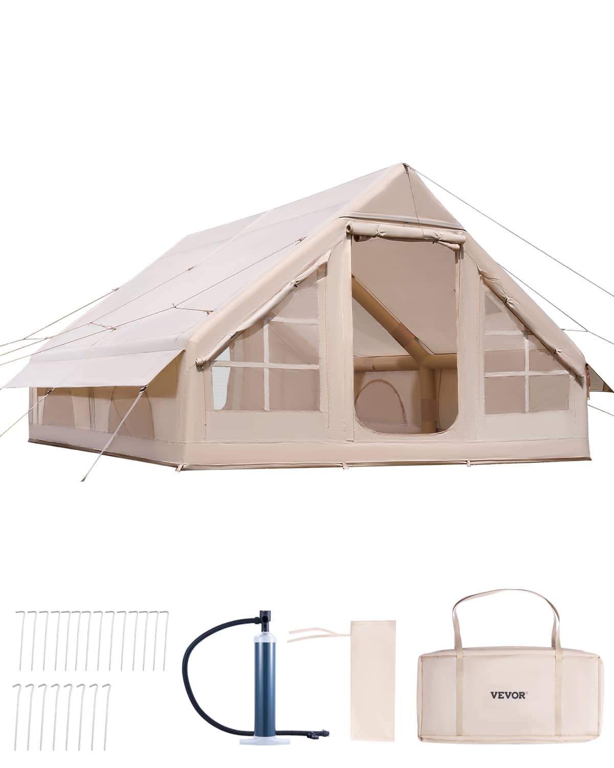 VEVOR - Inflatable Tents, 5-8 Person Easy Setup Blow up Tent with Hand Pump, 300D Oxford Glamping Tent with Stove Jack 2 Doors - Beige