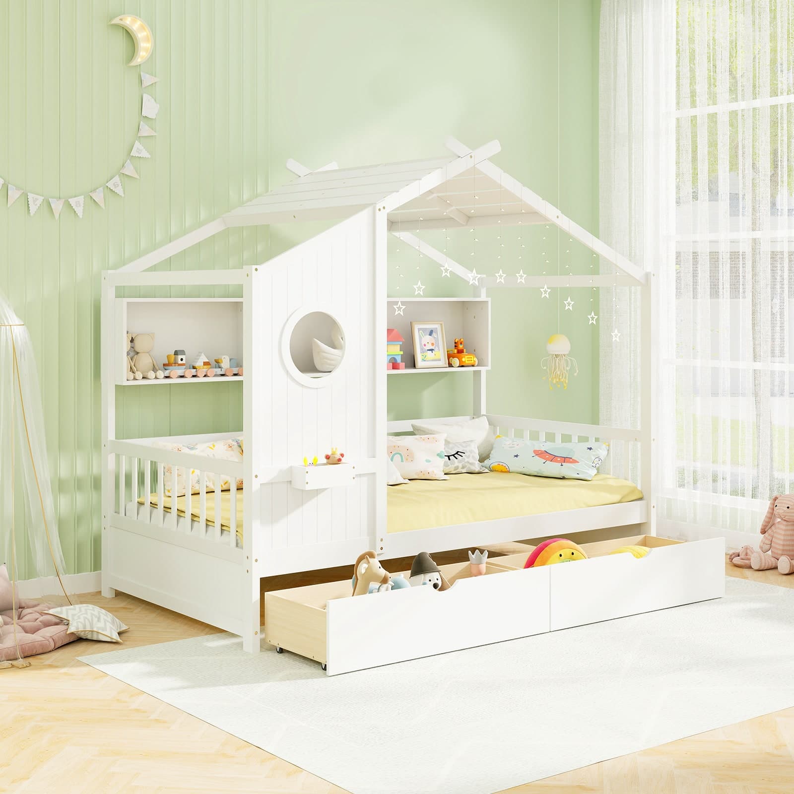 Gymax - Twin Size House Bed Kids Bed Frame w/ 2 Storage Drawers & Fence Guardrails - White