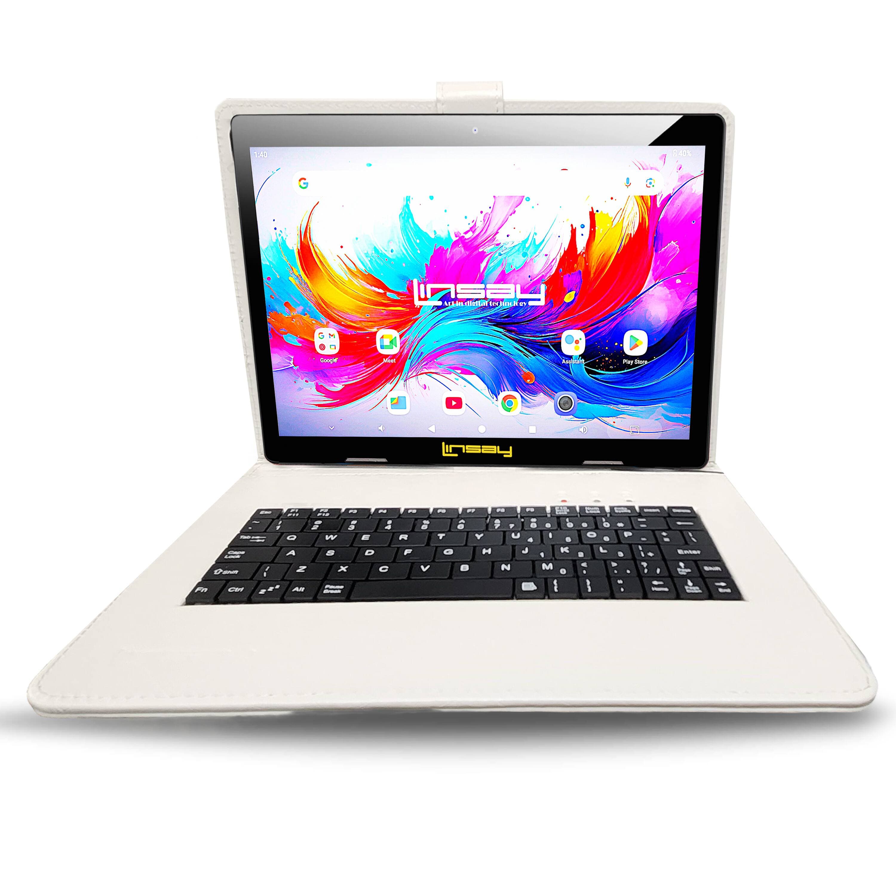 LINSAY - 10.1"Octa Core 256GB Storage Android 15 Tablet with Crocodile Style Keyboard - White