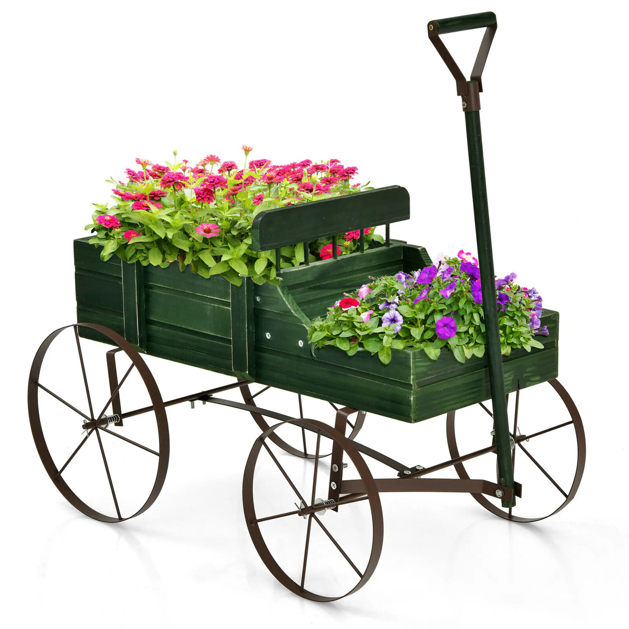 Costway - Garden Plant Planter Wooden Wagon Planter W/ Wheel Garden Yard - Green