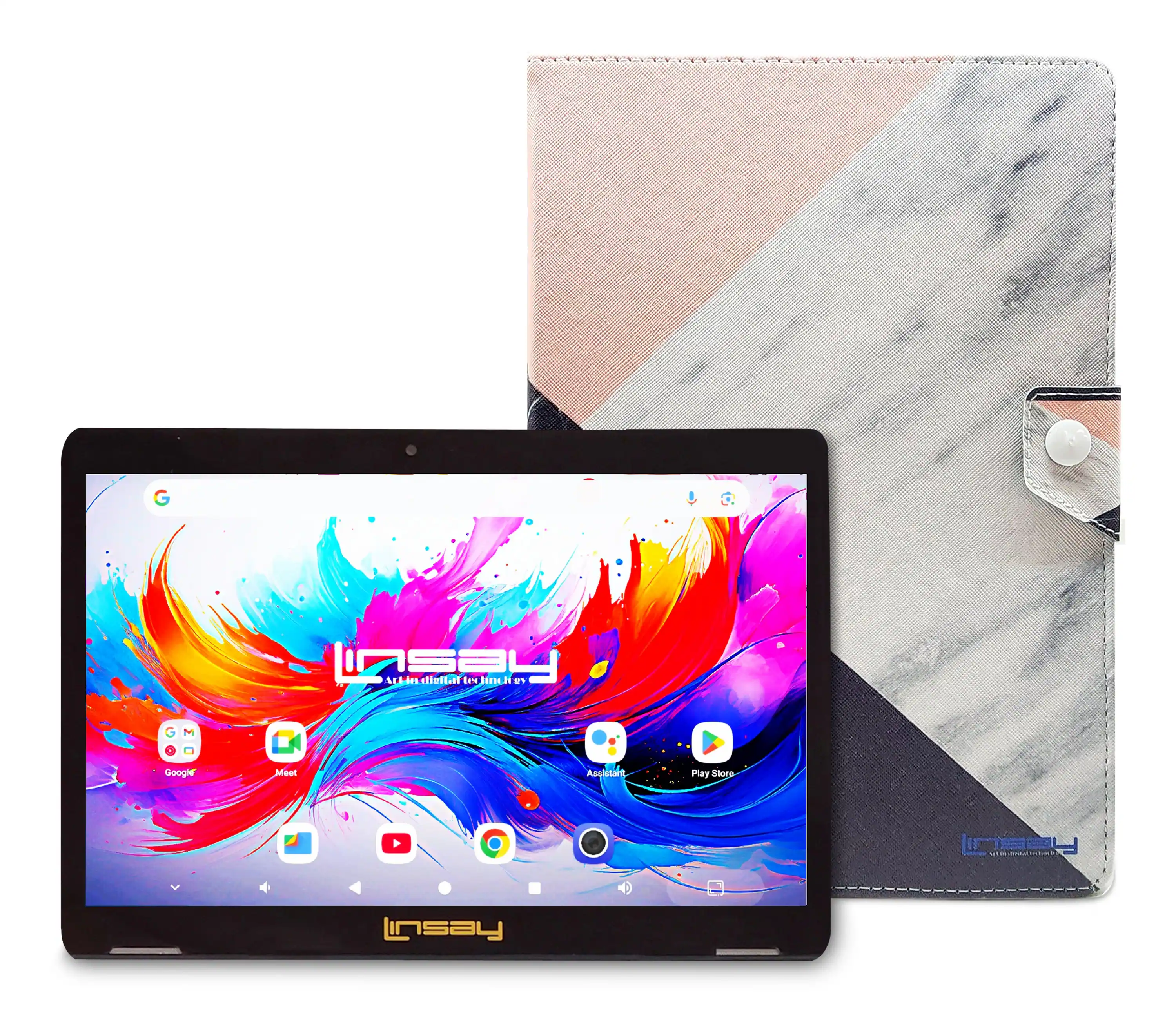 LINSAY - 10.1"Octa Core 256GB Storage Android 15 Tablet with Pink White Marble Case - Black