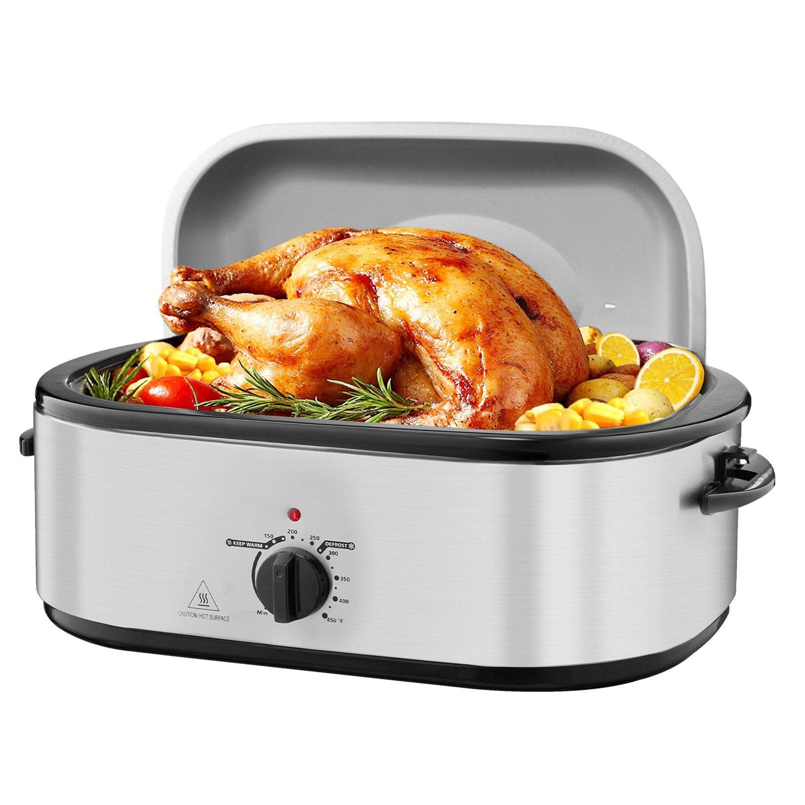Glintex - 22QT Roaster Oven Electric Turkey Roaster 150-450°F Adjustable Temp with Self-Basting Lid and Rack - Silver