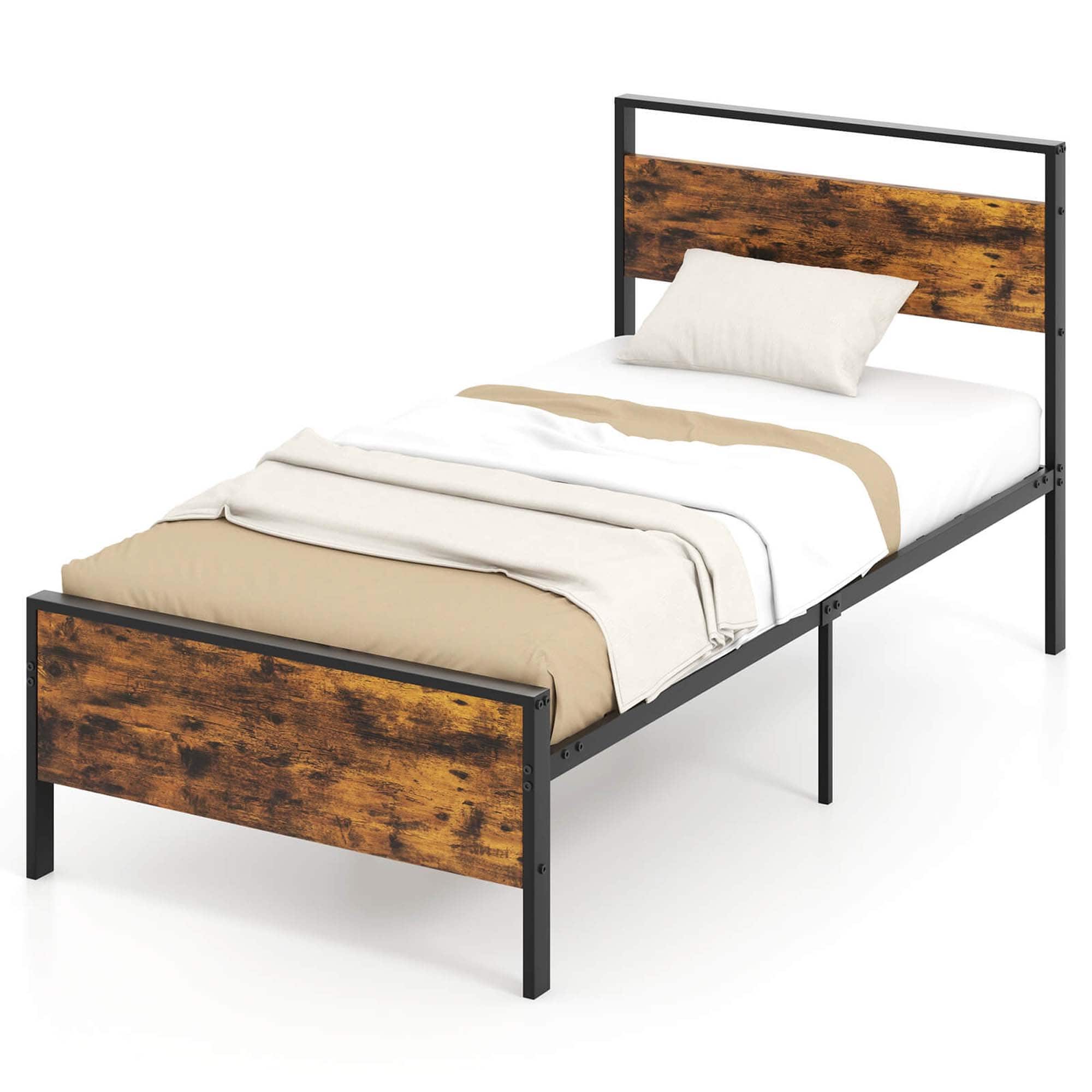 Costway - Twin Size Bed Frame with Wooden Headboard and Footboard Under-Bed Storage - Brown