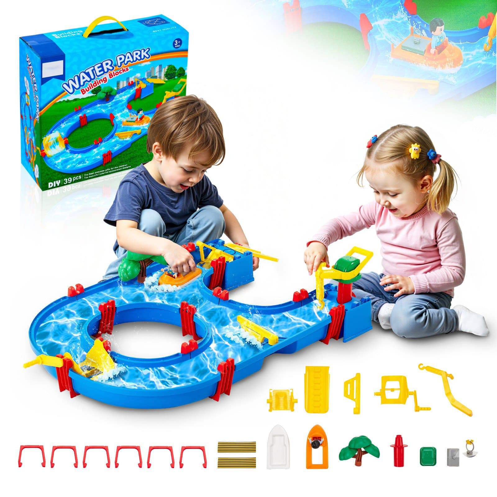 Glintex - Water Play Table for Toddlers, Outdoor Kids Activity Waterway with 39PCS Accessories, Backyard Sensory Toy Ages 3+