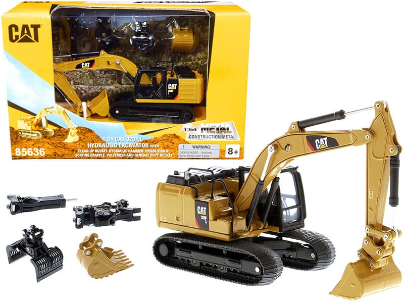 Diecast Masters - CAT Caterpillar 320F L Hydraulic Tracked Excavator with 5 Work Tools "Play & Collect!" 1/64 Diecast - Yellow
