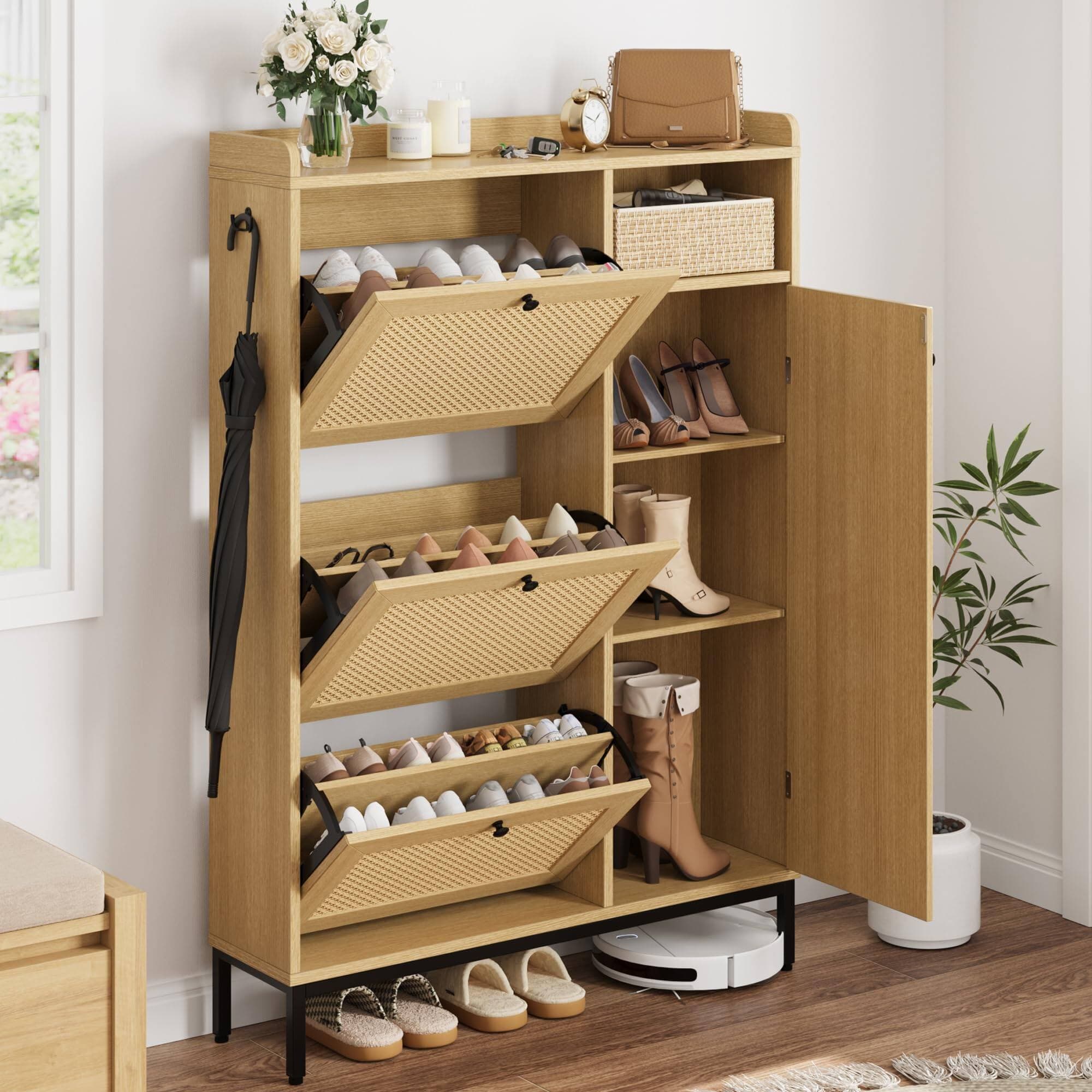 Babevy - Rattan Shoe Storage Cabinet with 3 Flip Drawers, Freestanding Organizer with Adjustable Shelves for Entryway - Natural