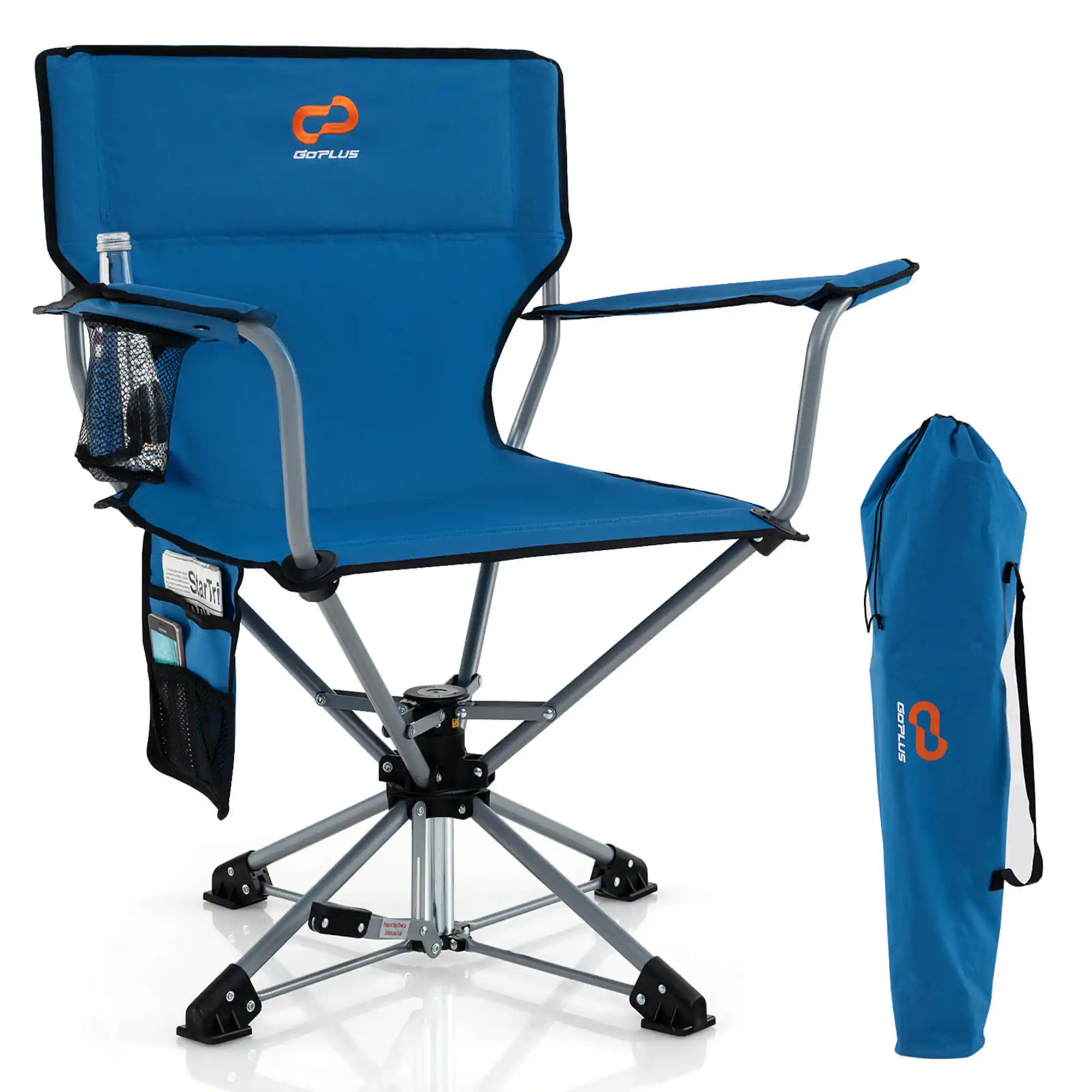 Costway - 360° Swivel Hunting Chair with Mesh Cup Holder & Storage Pockets Cozy Backrest - Blue