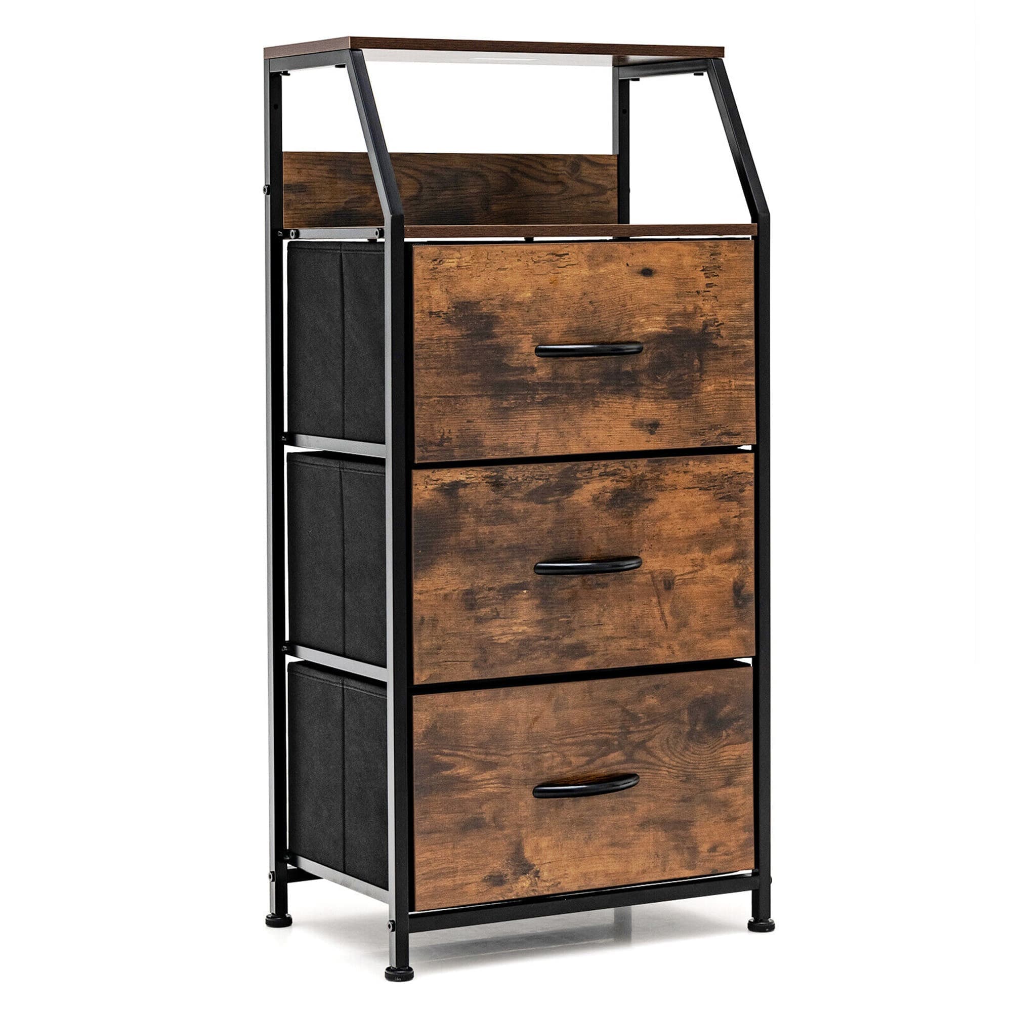 Costway - 3 Drawer Dresser w/ Wood Top Sturdy Steel Frame Storage Organizer Dresser - Rustic Brown