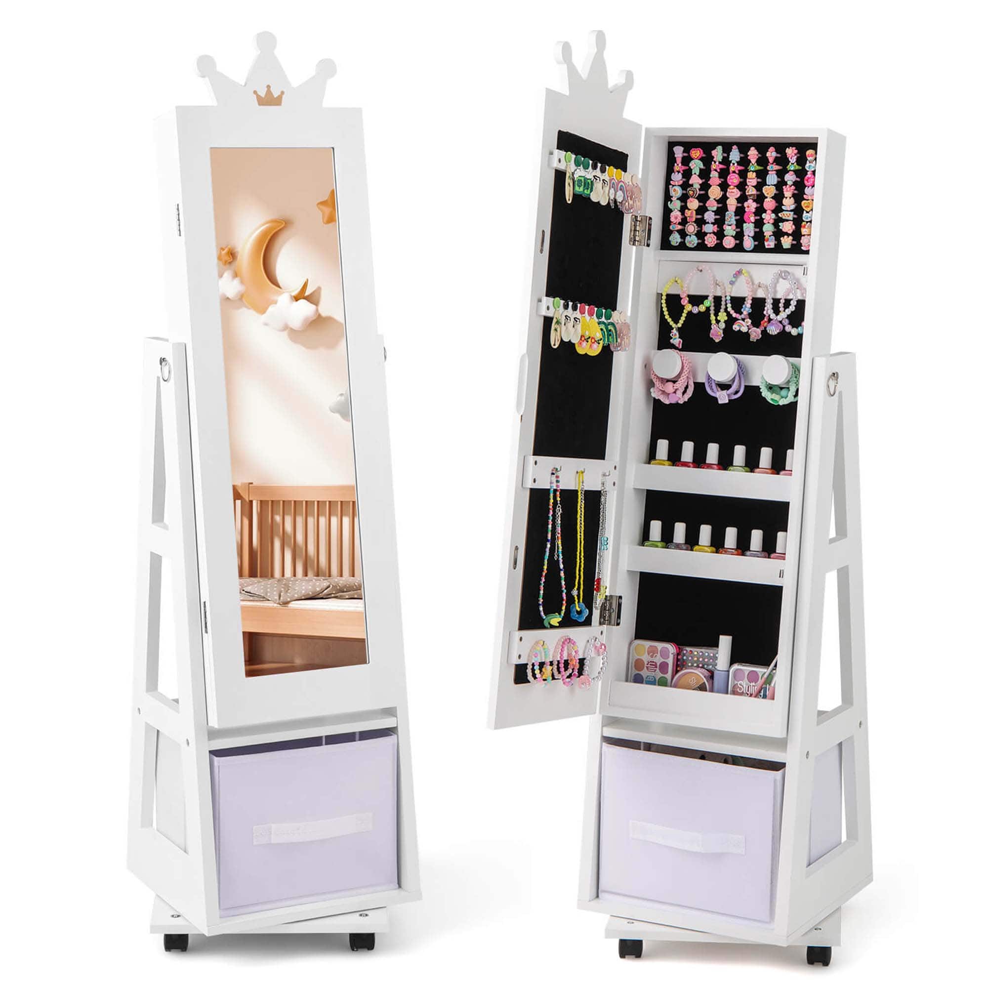 Costway - Kids Jewelry Cabinet with Full-Length Mirror Foldable Drawer Anti-toppling System - White