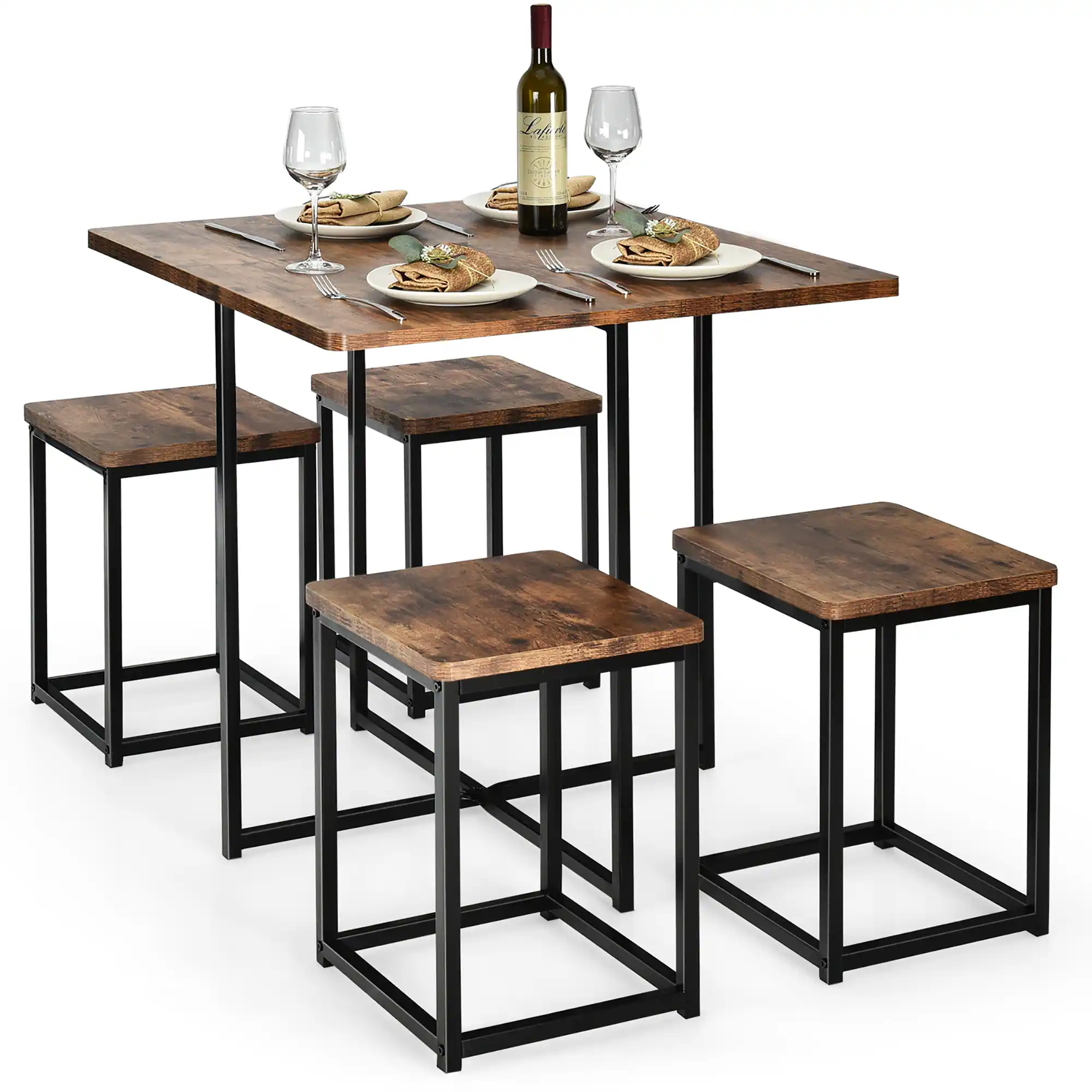 Costway - 5pcs Dining Set Compact Dining Table and 4 Stools Metal Frame NatureVintage Walnut - Walnut and Black