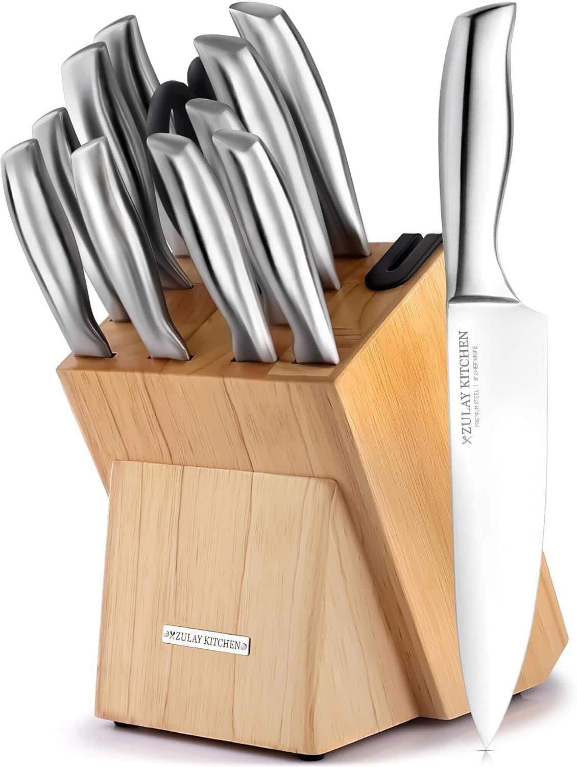 Zulay Kitchen - 12-Piece Stainless Steel Kitchen Knife Set with Built-in Sharpener - Knives in Natural Wood Block - Light Brown