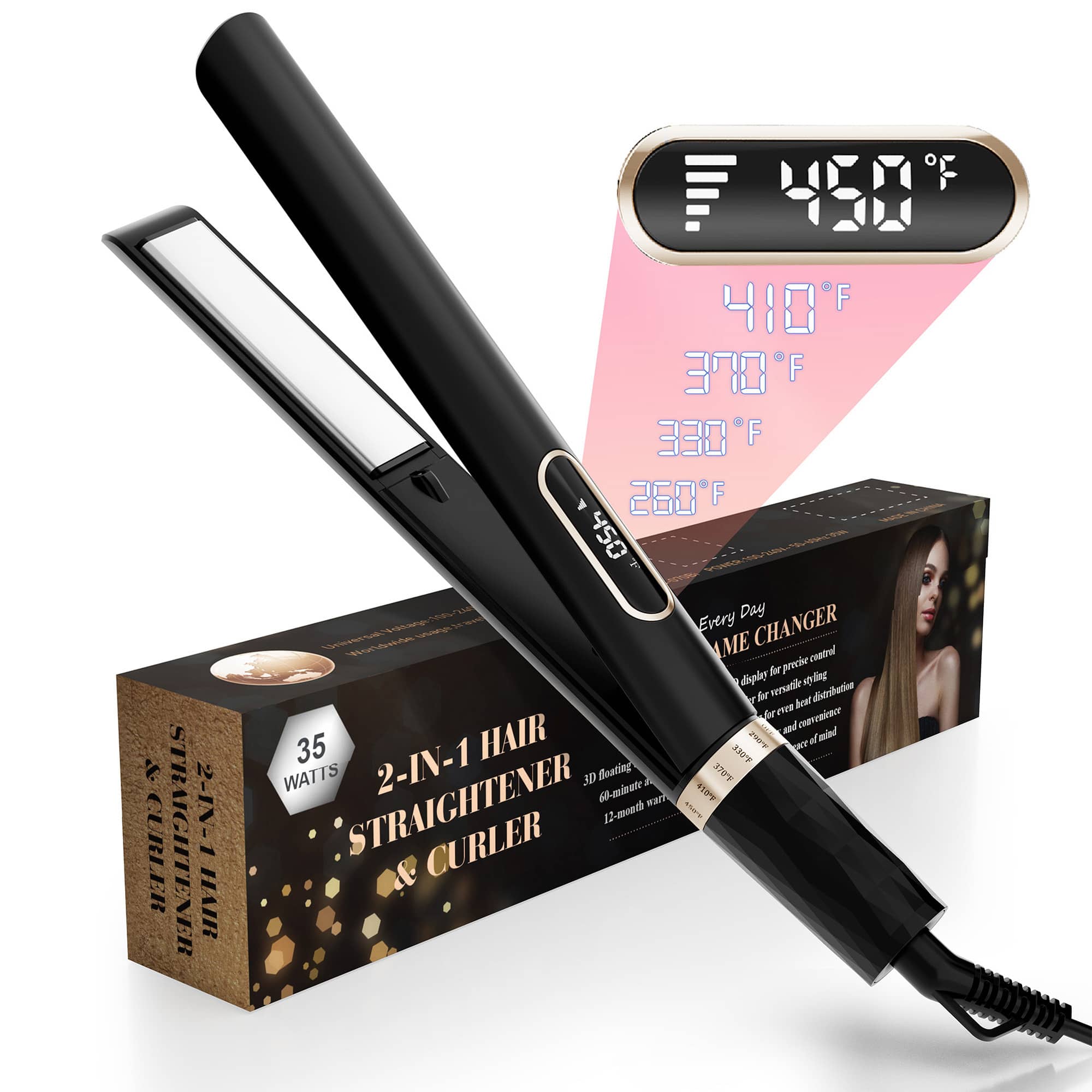NICEBAY - Hair Straightener Flat Iron, Flat Iron Curling Styling, 1 inch Hair Straightening for Women, Straightening Iron - Black