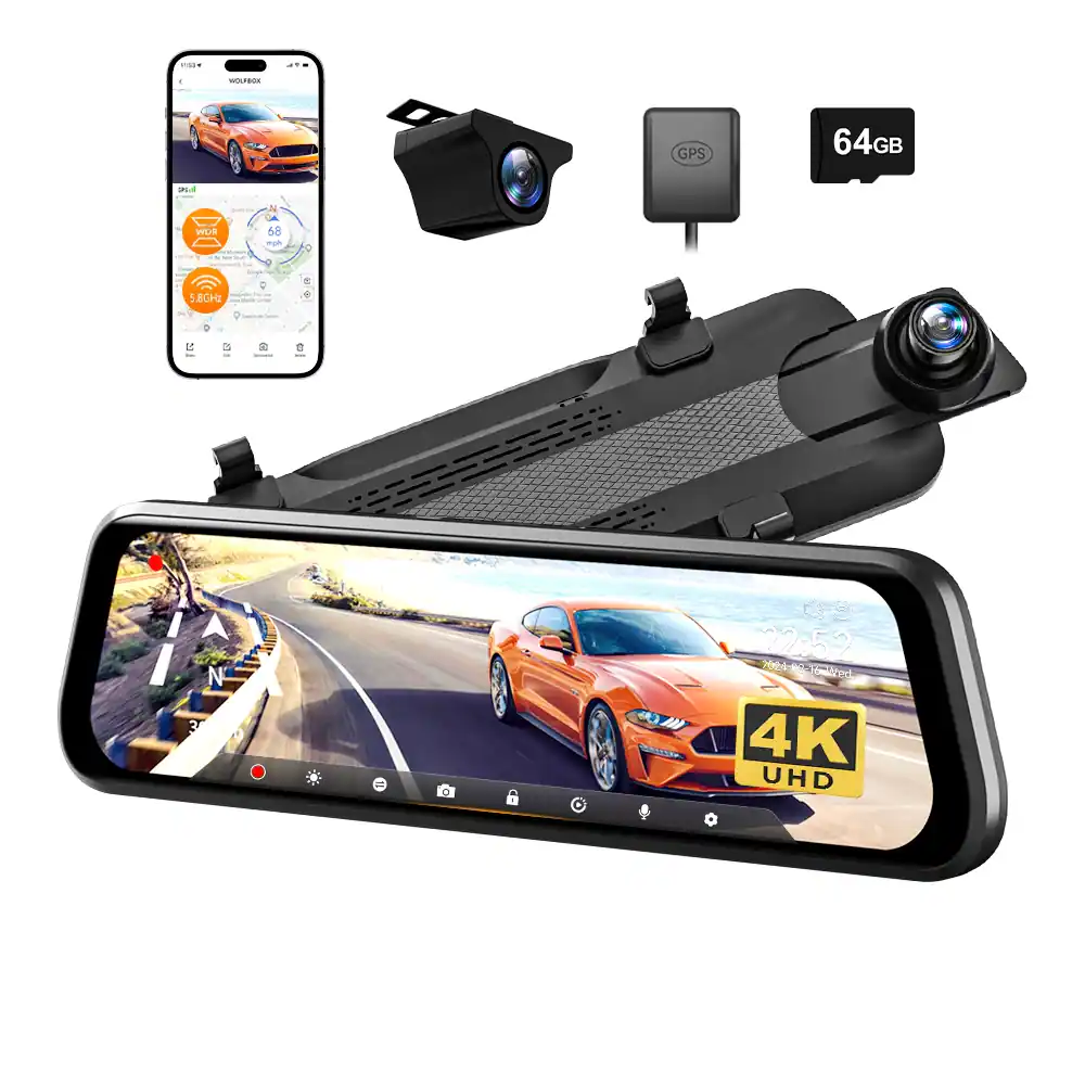 WOLFBOX - 10'' 4K+1080P Rear View Mirror Camera, 5.8GHz WiFi, Reverse Assist, WDR, Touch Screen, 64GB Card, GPS, G-sensor - Black
