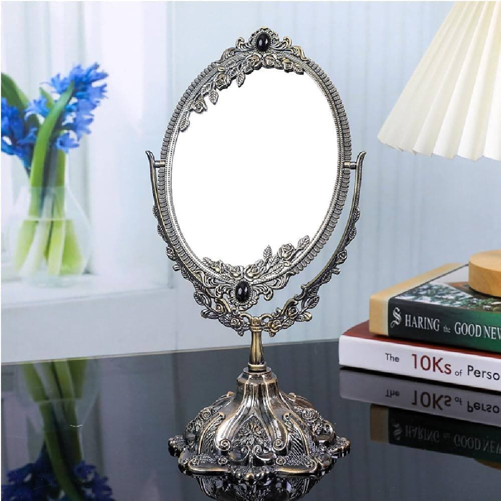 Stamp n Camp - Guppy Metal Vintage Makeup Mirror, Tabletop Oval Cosmetic Swivel Double Sided Mirror with Embossed Frame Stand Base - default