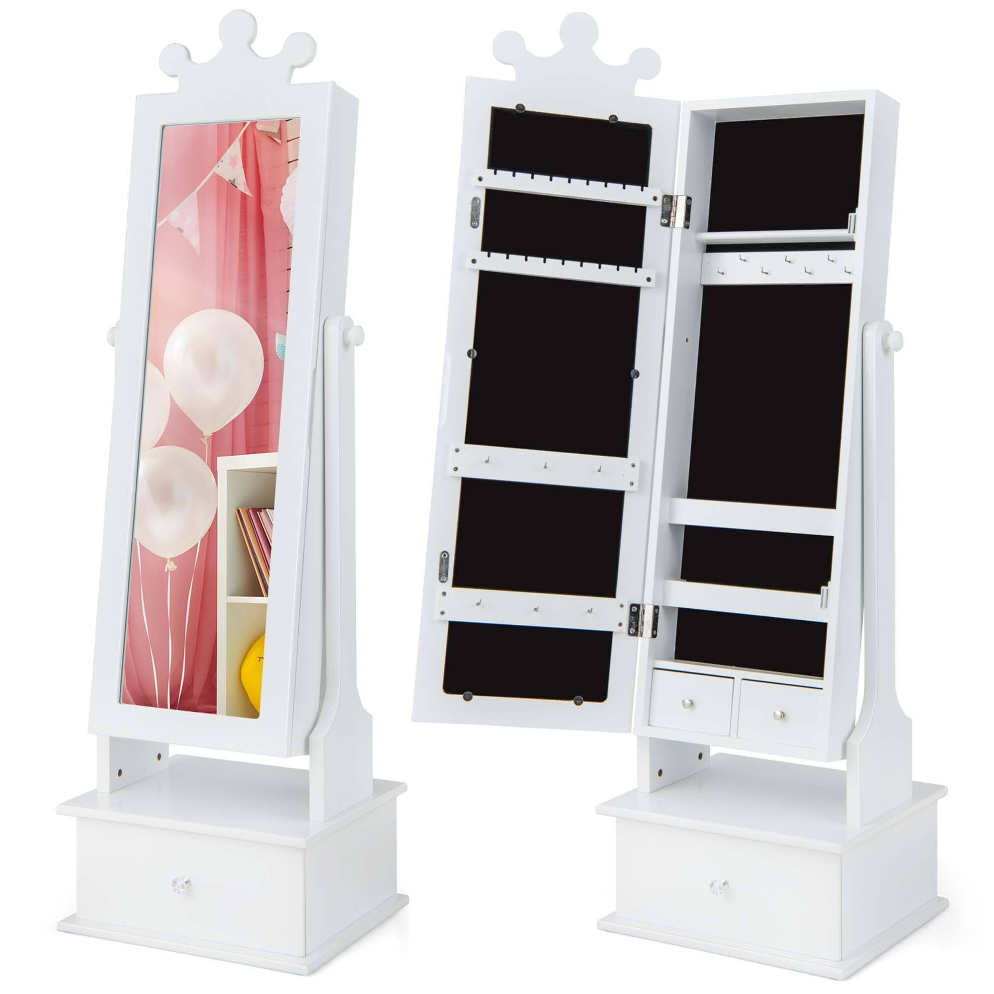 Costway - Kid Freestanding Jewelry Armoire 2-in-1 Full Length Mirror Storage Drawer - White