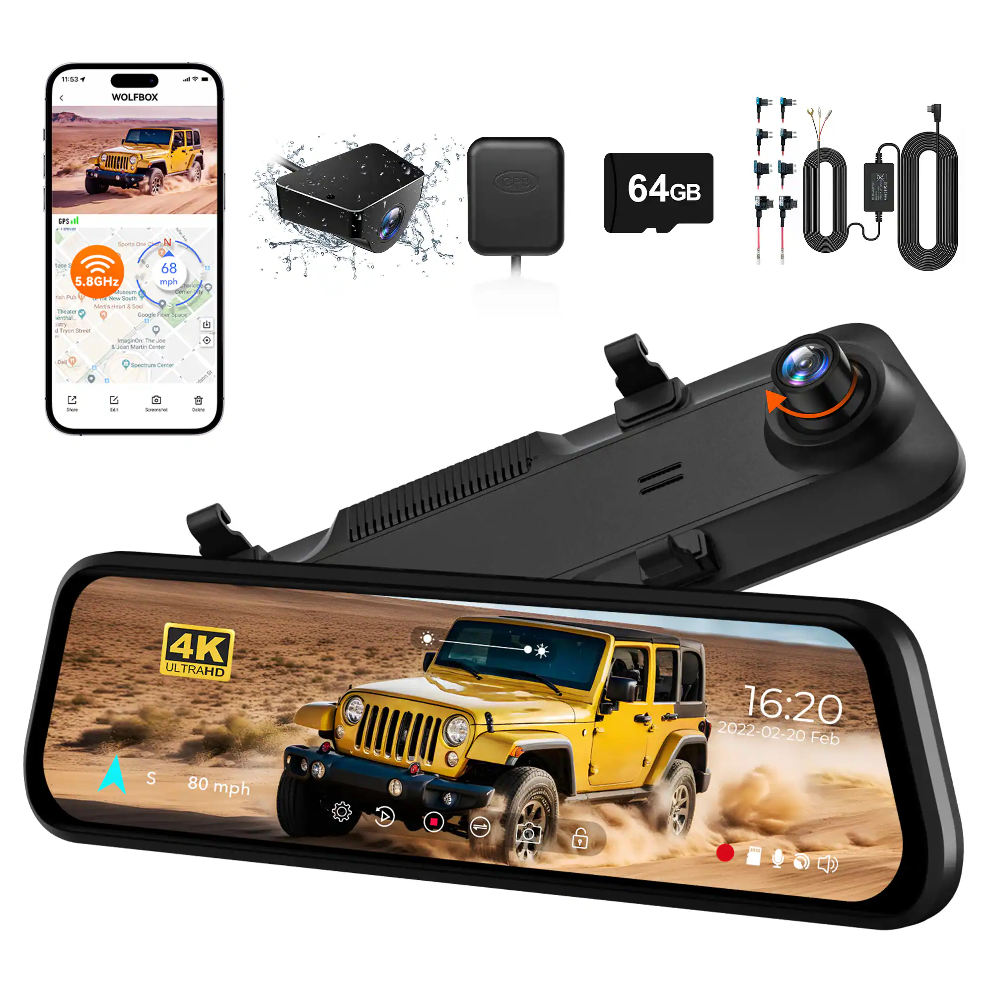 WOLFBOX - 4K+1080P Rear View Mirror Dash Cam, 5.8G Hz Wifi, GPS, 12'' Touch Screen, WDR, Night Vision, 64GB Card, 24H Parking Mode - Black