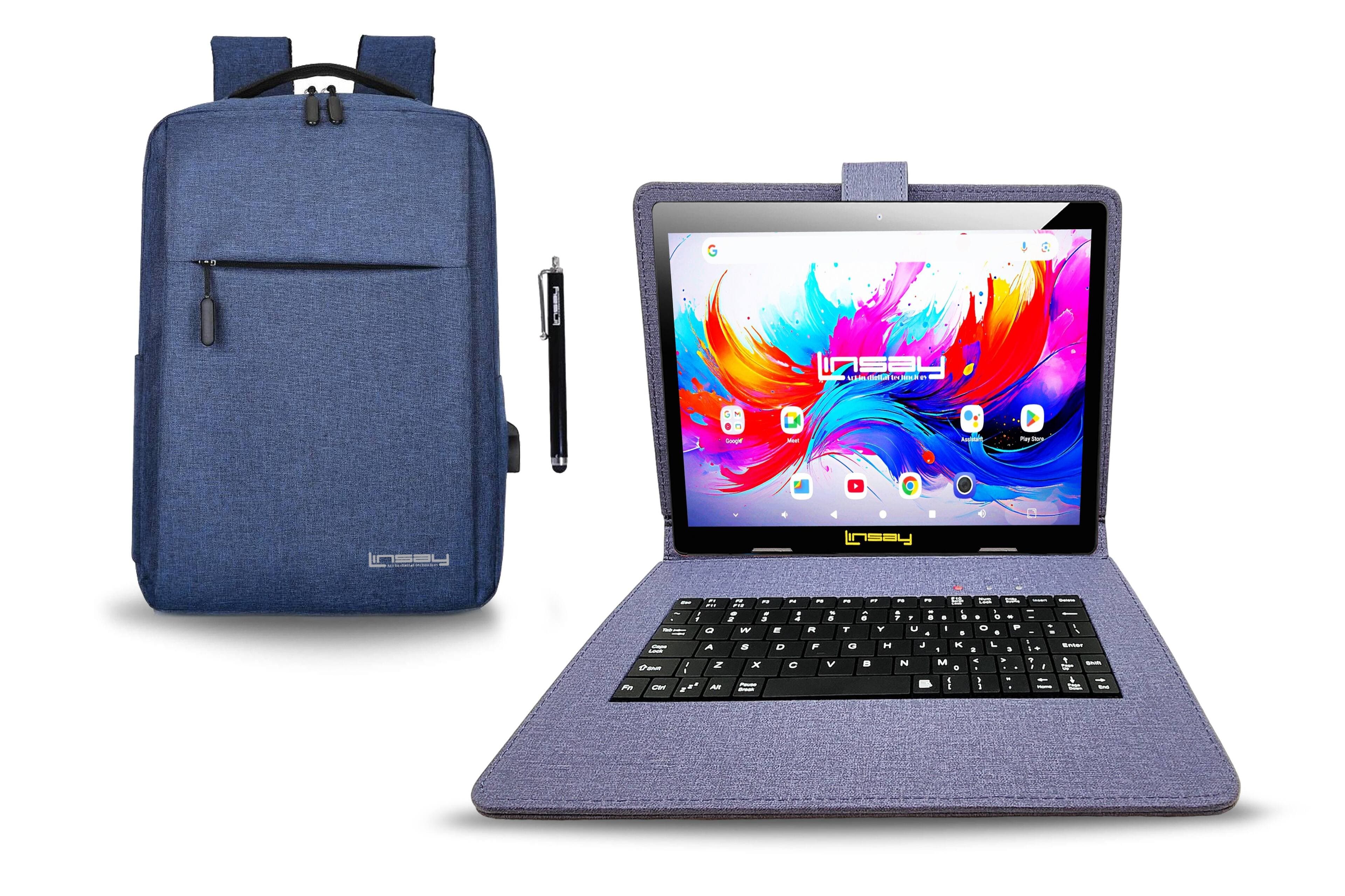 LINSAY - 10.1" Octa Core 256GB Storage Android 15 with Designer Cloth Keyboard Case and Stylish Backpack and Pen Stylus - Blue