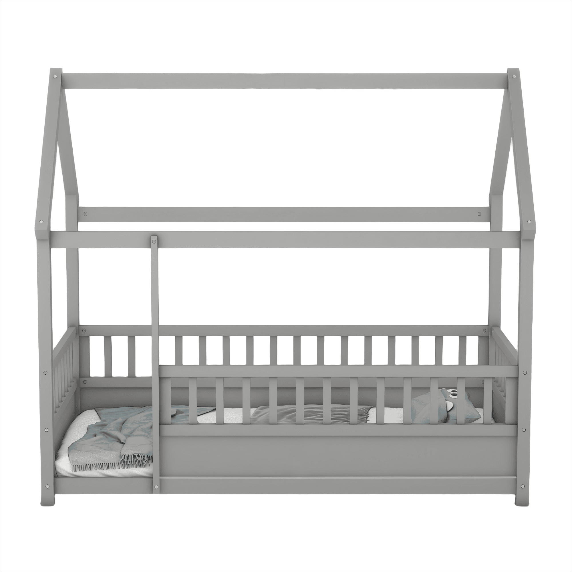 Ecooso - Twin Floor Bed with House Roof Frame & Fence Guardrails, Wooden Construction - Gray