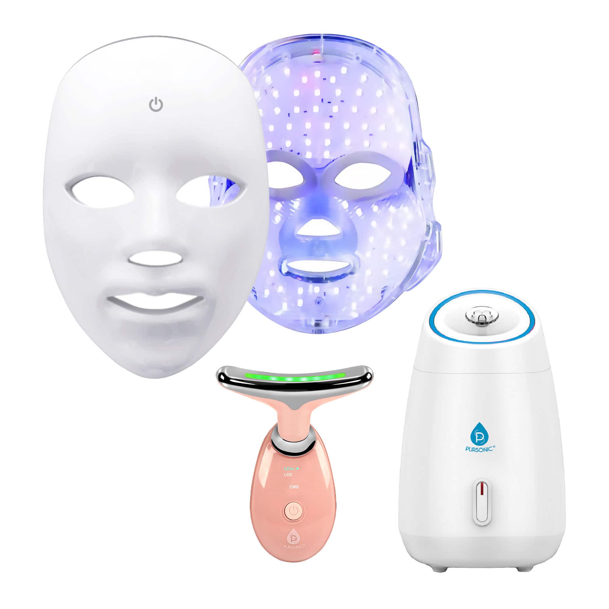 Pursonic - LED 3-in-1 Bundle: 7-in-1 Face Mask + 7-in-1 Face & Neck Device + Moisturizing Facial Steamer - Multicolor