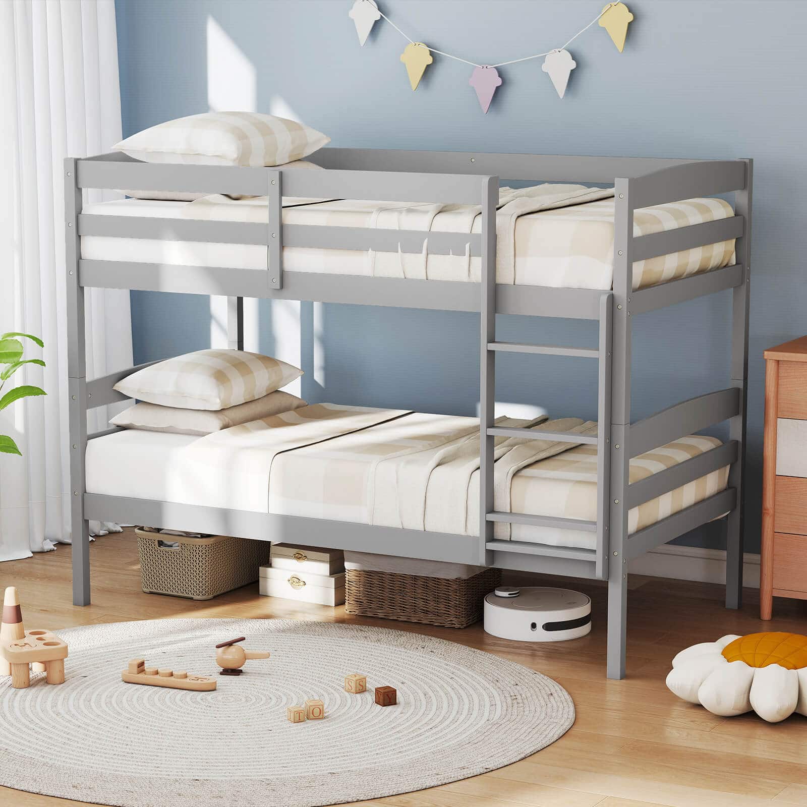 Gymax - Twin Over Twin Bunk Bed Wooden Convertible Into 2 Beds High Guardrails Espresso - Gray