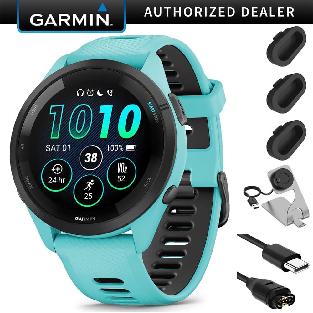 Garmin - Forerunner 265 GPS Smartwatch, Aqua/Black + Charging Dock + Dust Cover Bundle - Black/Aqua - (2023)