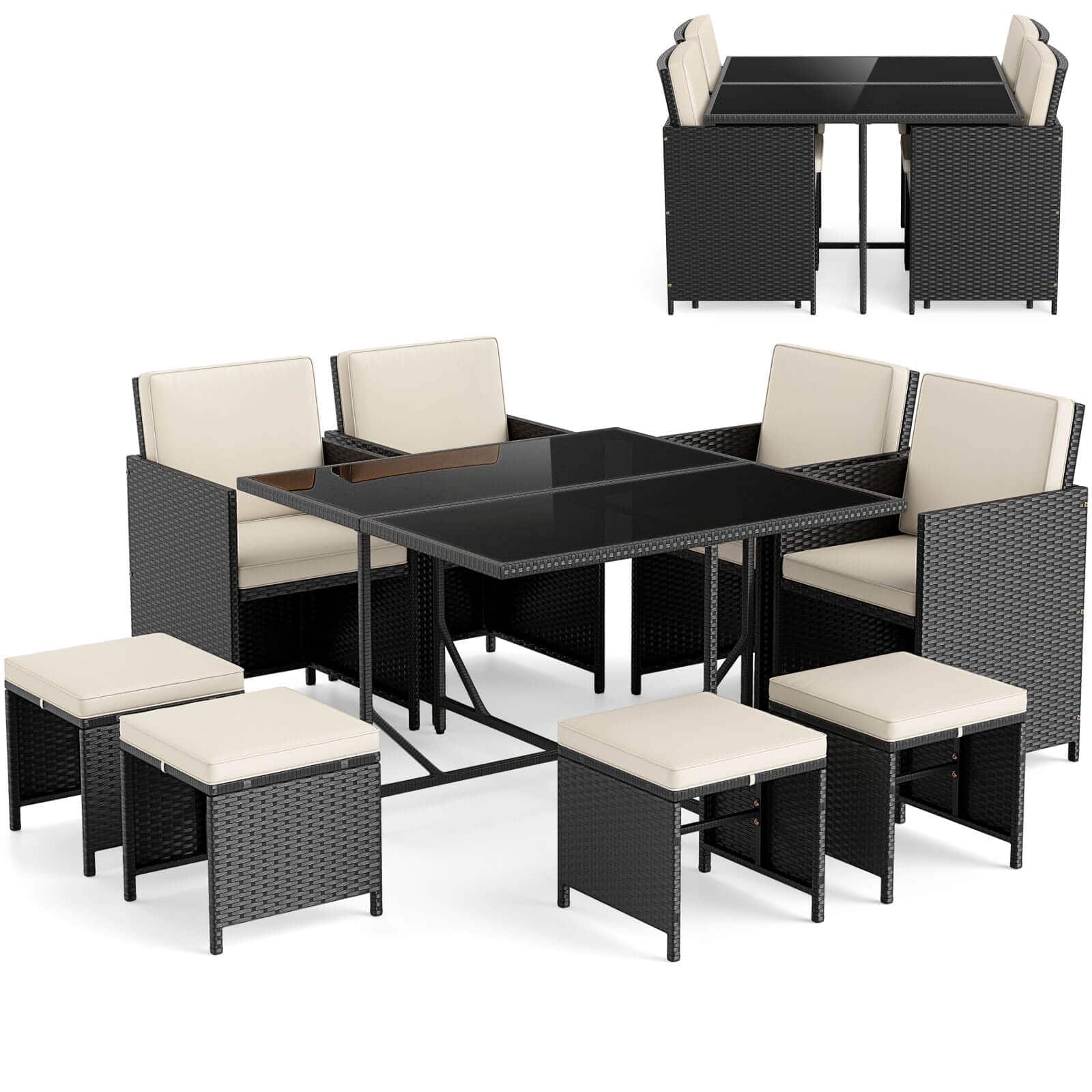 Costway - 9 PCS Patio Dining Set with Tempered Glass Table & Ottoman Removable Cushions - Off-White