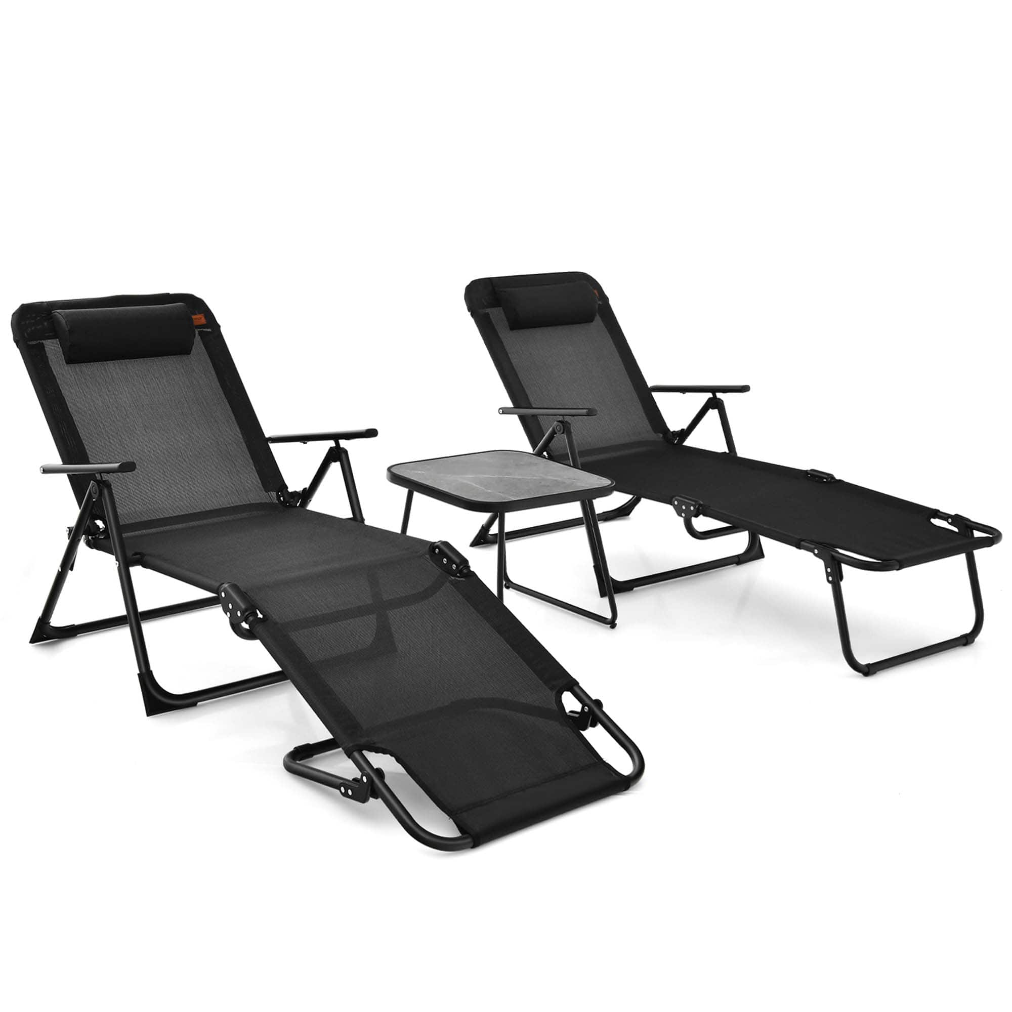 Costway - 3pcs Patio Folding Chaise Lounge Chair PVC Tabletop Set Outdoor Portable Beach - Black