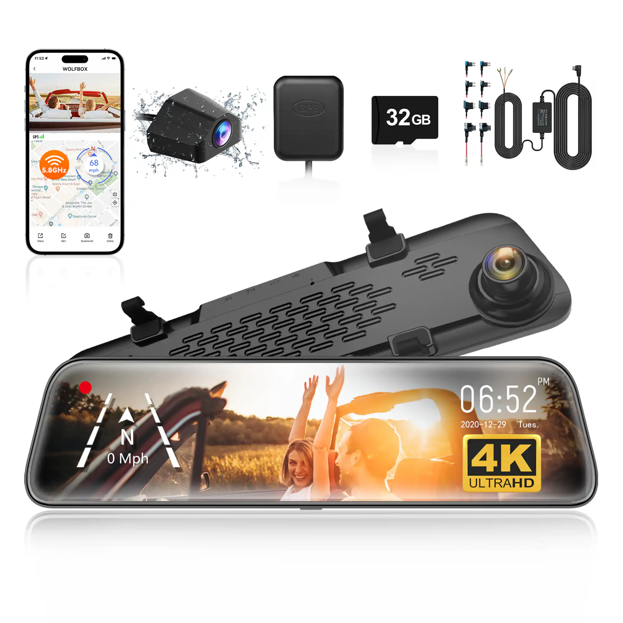 WOLFBOX - 4K Rear View Mirror Dash Cam, 12" Touch Screen, 5.8GHz Wifi, GPS, WDR, Parking Assistance, 24H Parking Mode - Black
