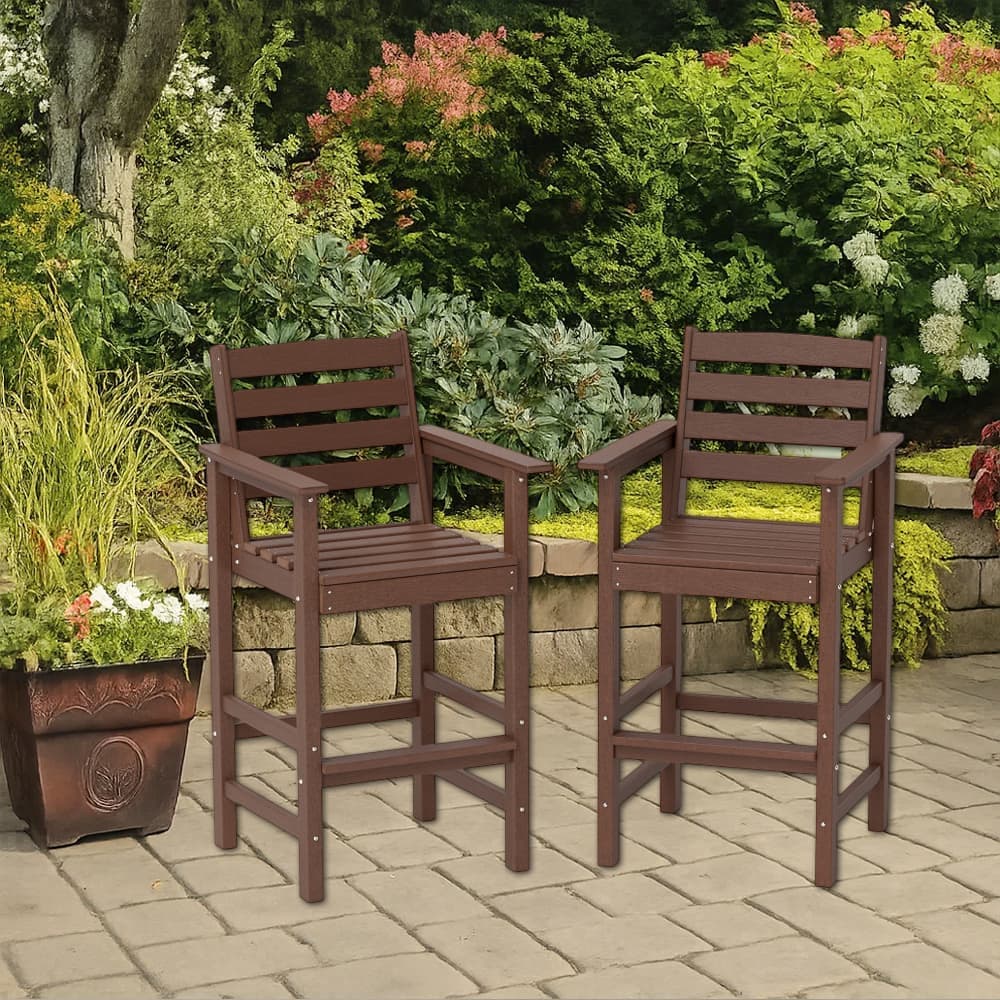 Hivvago - Set of 2 HDPE Outdoor Bar Chairs with Extra-Wide Armrests for Patio Use - Brown
