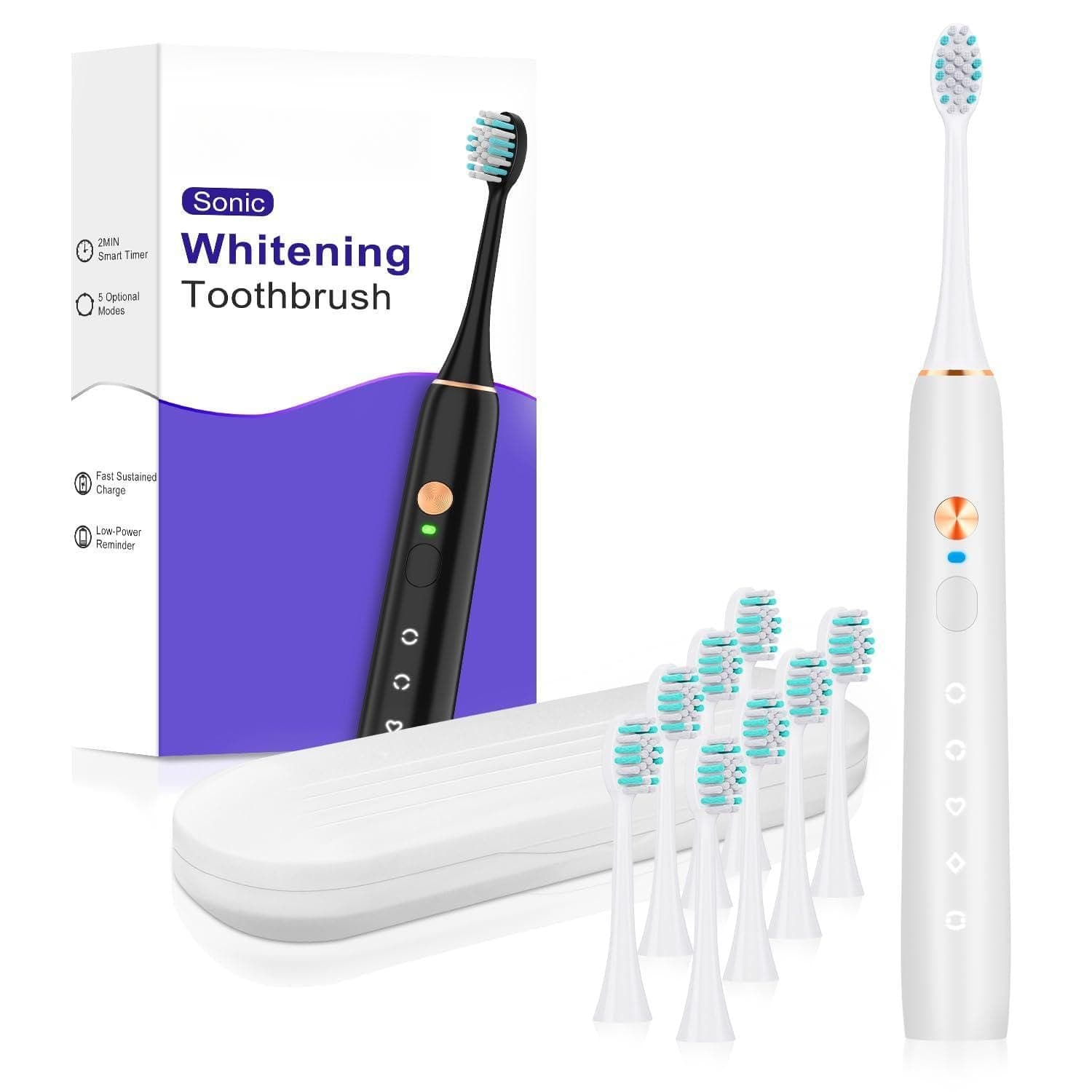 Cozy Serene - Sonic Electric Toothbrush For Adults And Rechargeable With 8 Brush Heads & Travel Case 5 Modes 2 - White