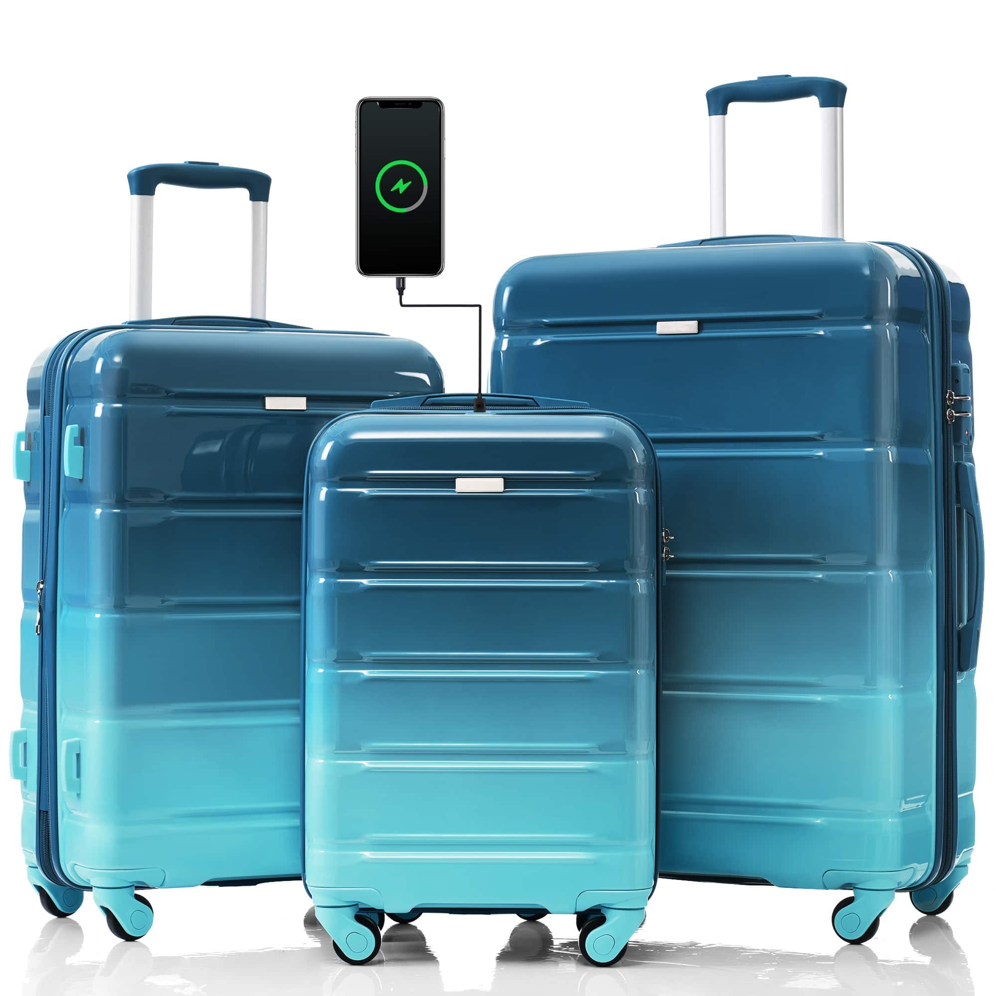 Ecooso - 20/24/28-Inch 3-Piece Lightweight Hardshell Luggage Set with USB Port, Spinner Wheels, and Side Hooks - Blue