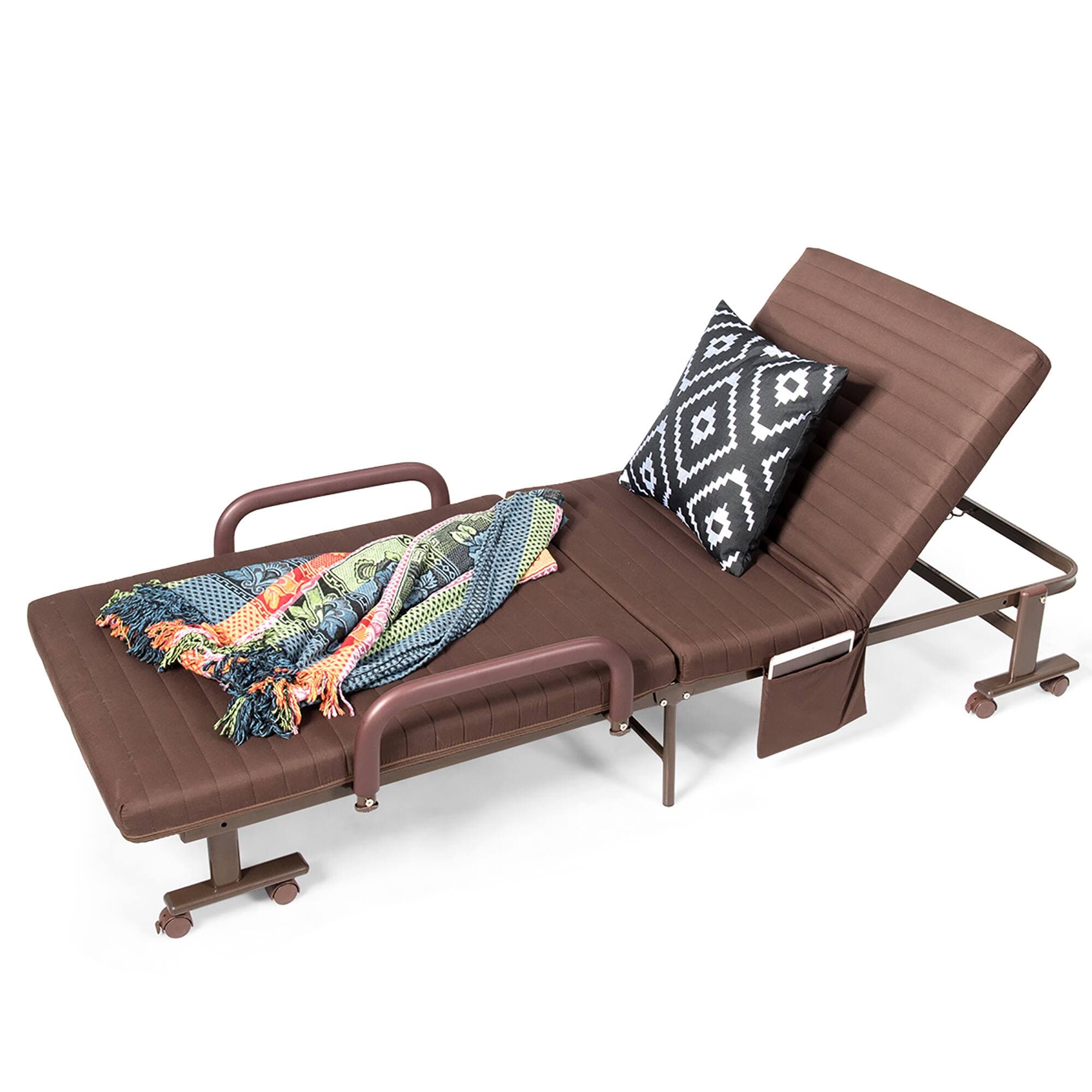 Costway - Folding Bed Adjustable Guest Single Bed Twin Mattress Portable Wheels - Brown