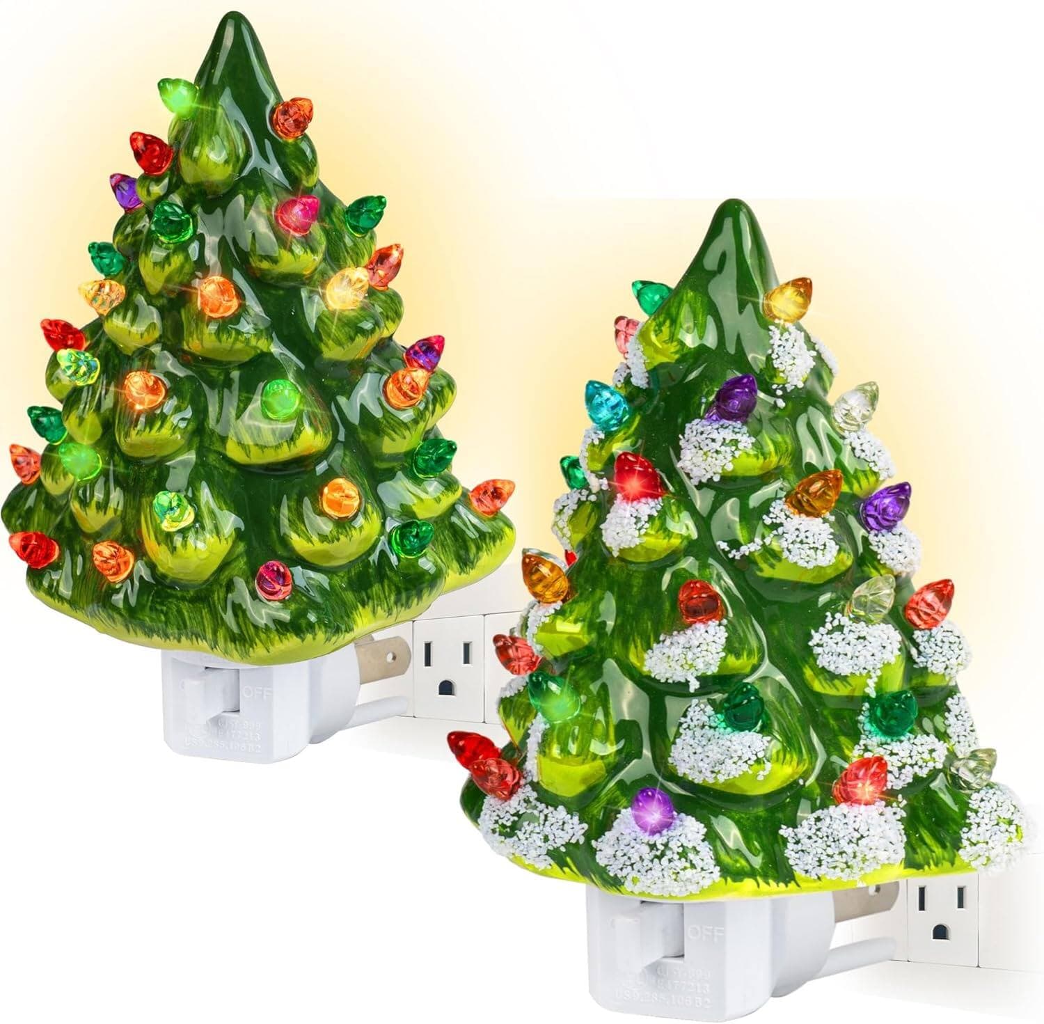 ACJPR - 2-Pack Ceramic Christmas Tree Night Lights, Plug-In, Vintage Indoor Decor - Multicolored