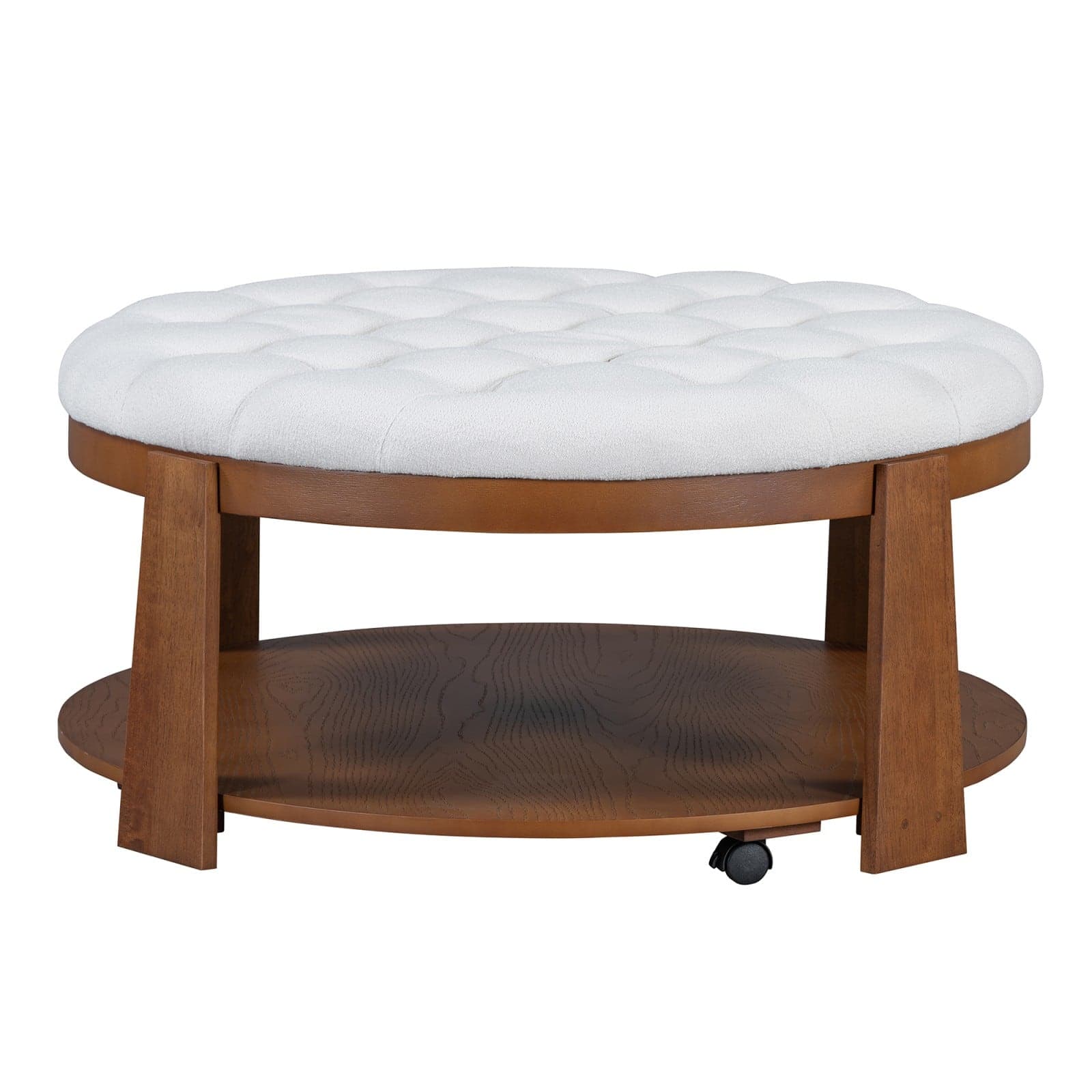 Ecooso - Modern Large Round Ottoman Coffee Table, 2-Tier,Wood Shelf Storage Upholstered,waterproof Linen,for Living Room - Ivory White