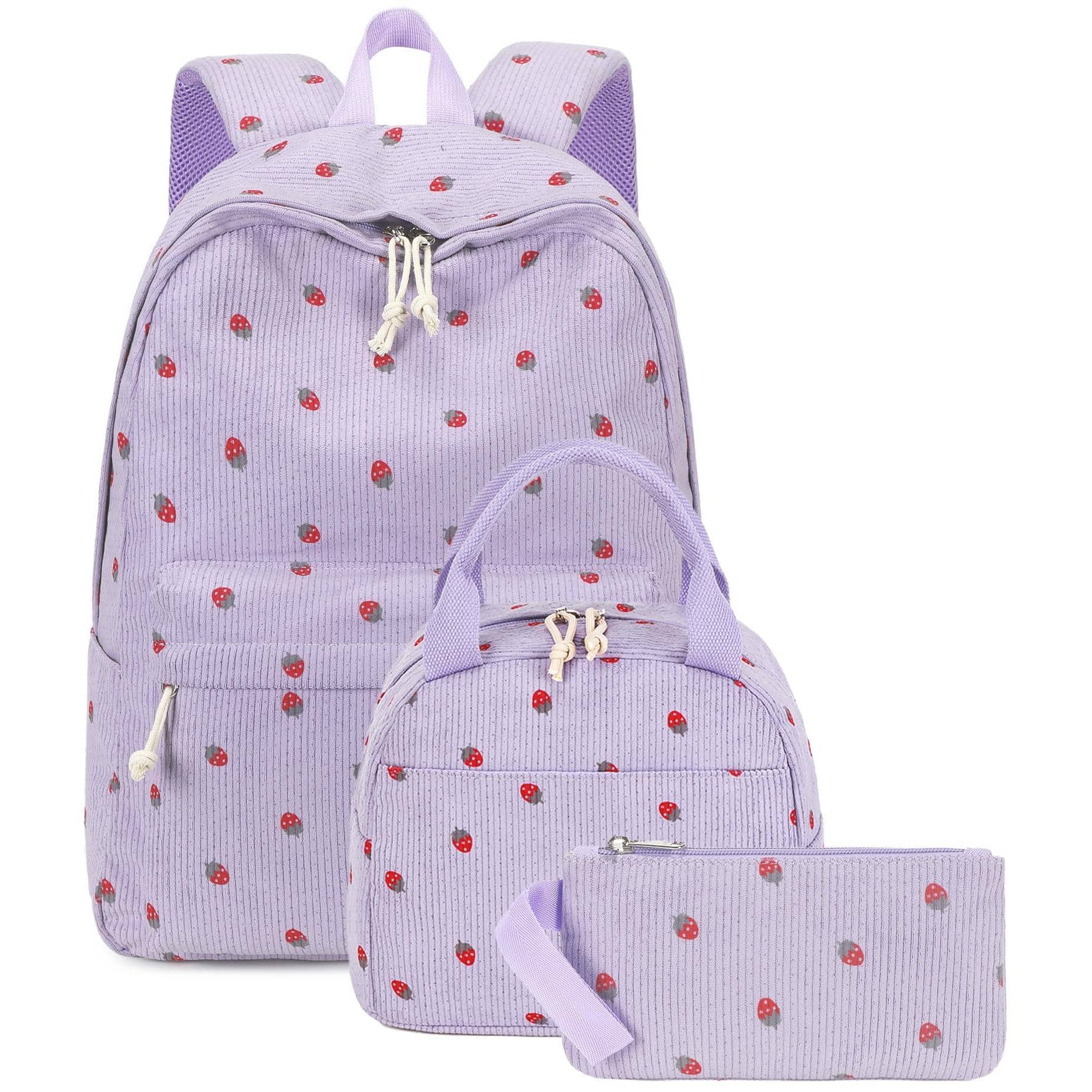Cozy Serene - School Backpack Teens Book Bags With Lunch Box Pencil Bag - Corduroy Strawberry Purple