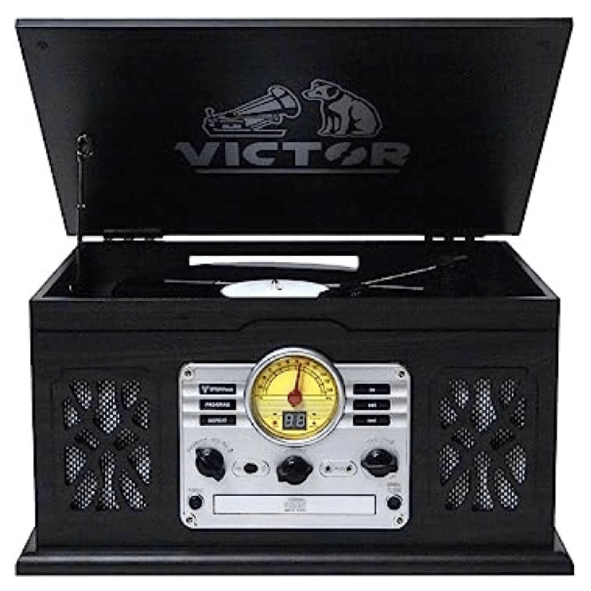 Victor Audio - State 7-in-1 Wood Music Center with 3-Speed Turntable and Dual Bluetooth - Graphite