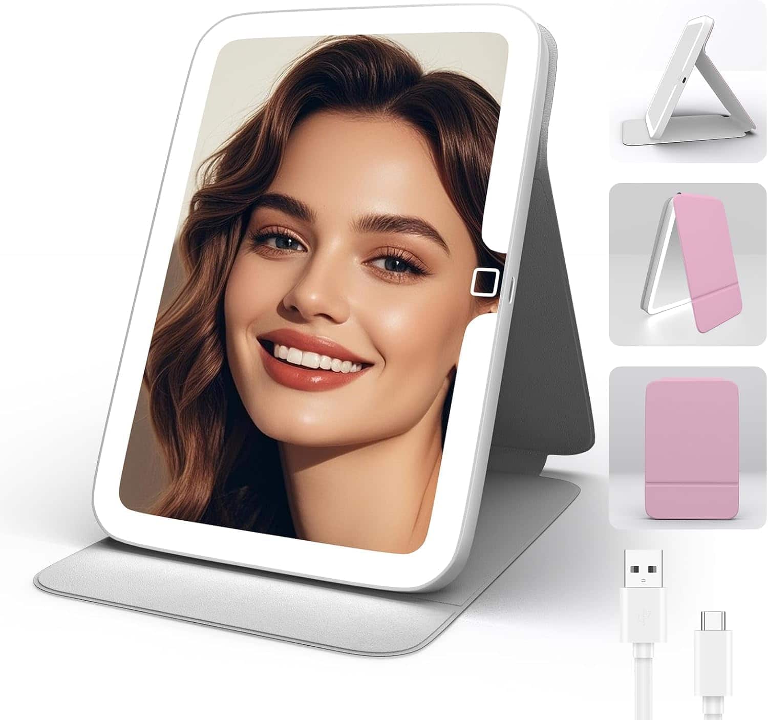 Stamp n Camp - Travel Makeup Mirror with Light, Portable LED Lighted Make Up Stand, Folding Light Cosmetic Vanity for Desk, Dimmable - Pink