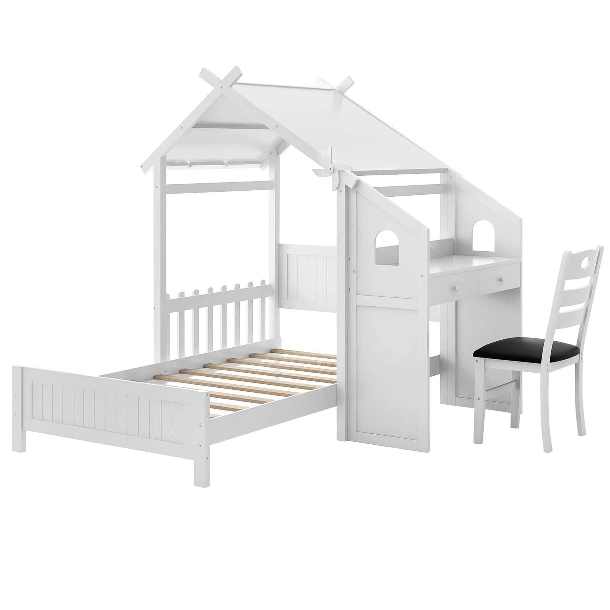 Costway - Twin House Bed with Desk & Chair with 2 Drawers Windmill Fence & Headboard for Teens - White