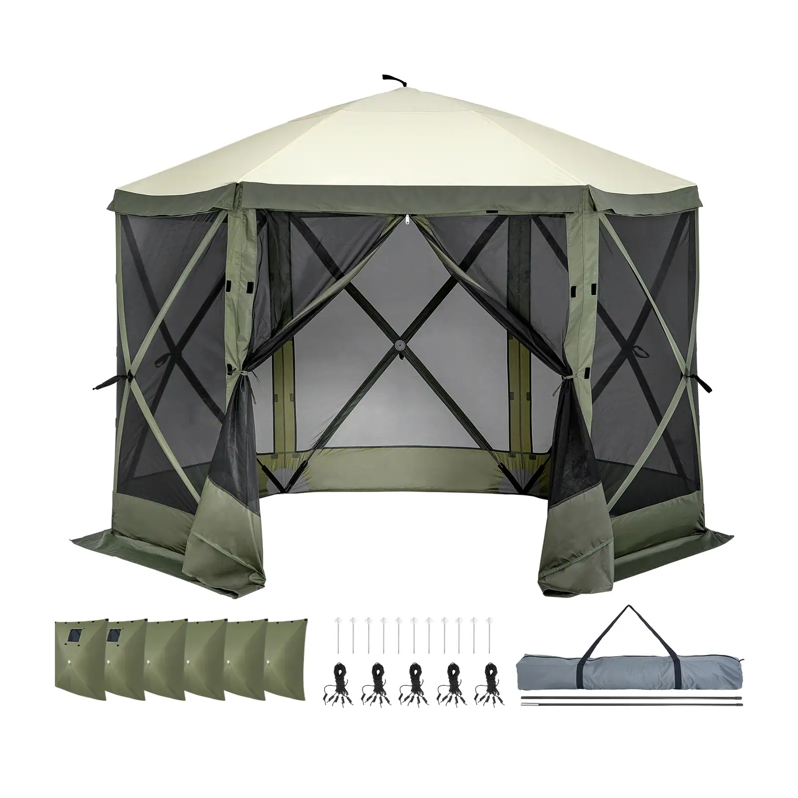 VEVOR - Pop Up Gazebo Tent, Pop-Up Screen Tent 6 Sided Canopy Sun Shelter with 6 Removable Privacy Wind Cloths & Mesh Windows - Green