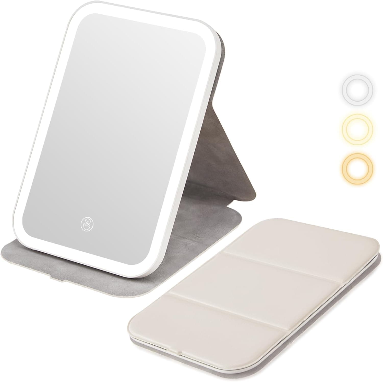 Stamp n Camp - Rechargeable Travel Makeup Mirror, Portable Lighted Vanity Mirror with 3 Color Lights, Dimmable LED Folding Cosmetic - Beige