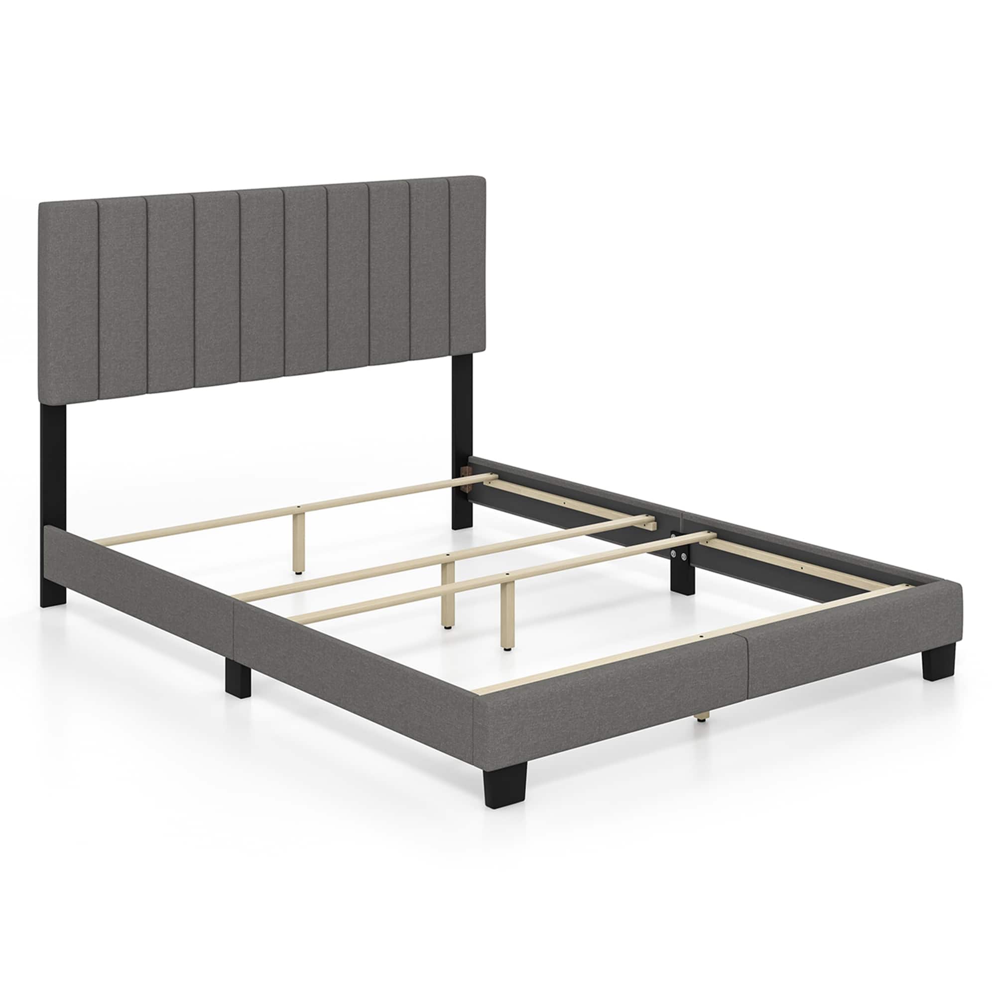 Costway - Queen Upholstered Platform Bed Frame Mattress Foundation Box Spring Needed - Gray