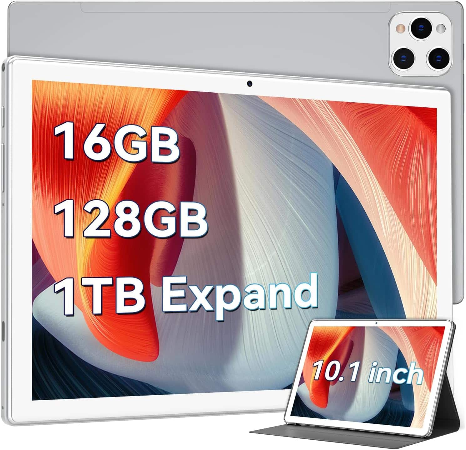 FEONAL - 10.1 Inch Android Tablet, 2025 Newest Android 13 Tablet 128GB ROM+16GB RAM +1TB TF Expand, Octa-Core with Leather Case - Silver