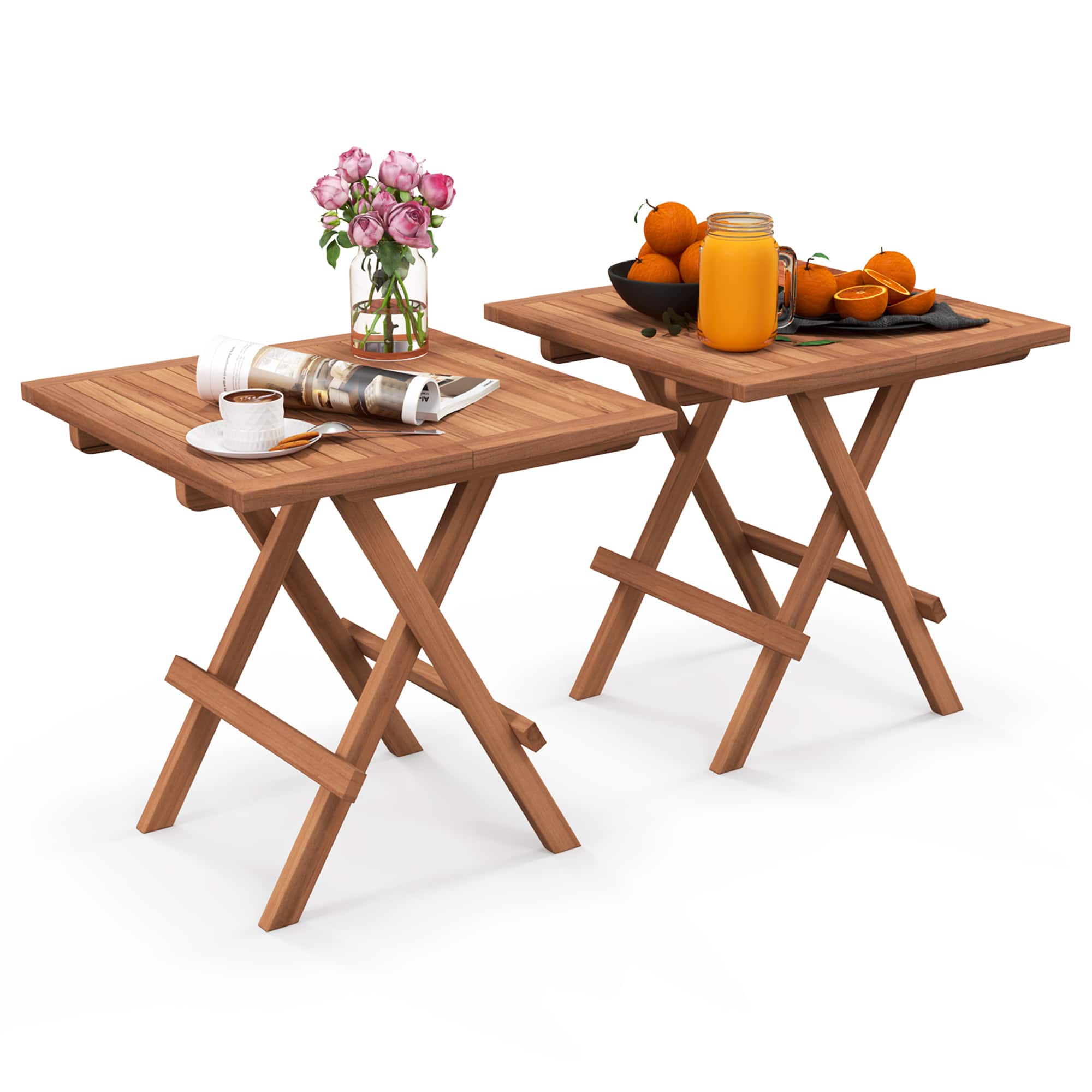 Gymax - 2 Pieces Indonesia Wood Folding End Table Square Side Table w/ Slatted Tabletop Yard Natural - Teak