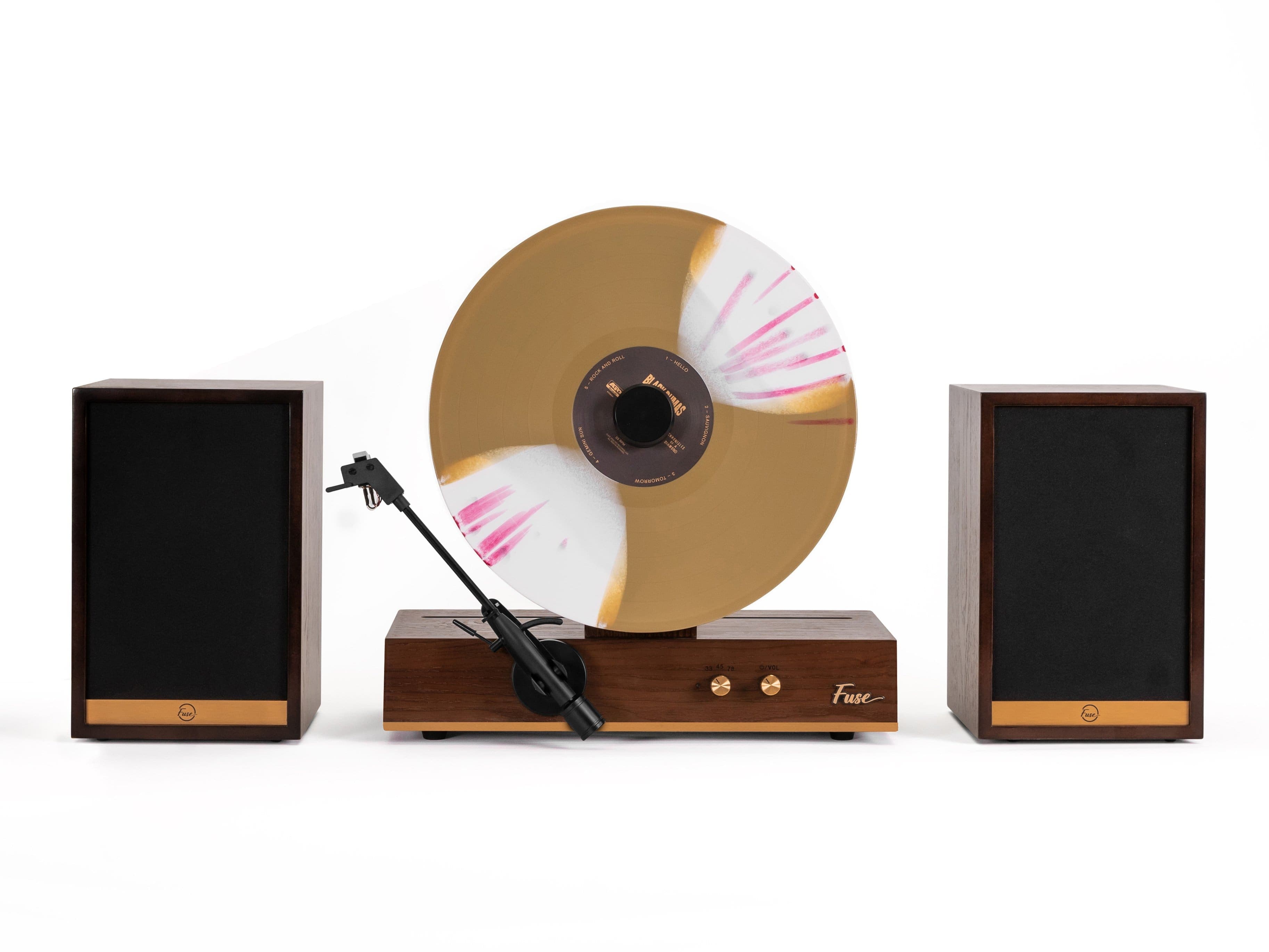 Fuse Audio - Fuse GLD Vertical Turntable Record Player with Speakers | BT, AUX | Audio Technica Needle | Real - Ash Wood with Gold Trim
