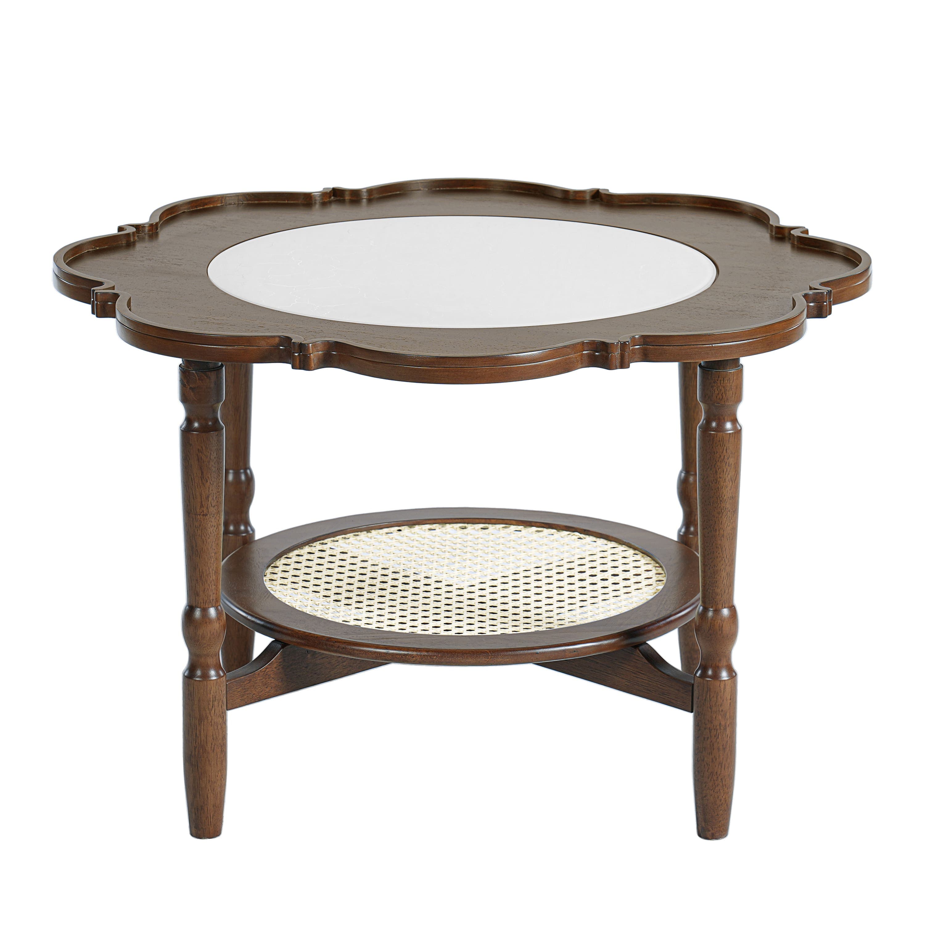 Ecooso - Mid-Century Coffee Table with Petal Shape, Crackle Glass Top, 2-Tier Rattan Storage, 31.5" - Walnut